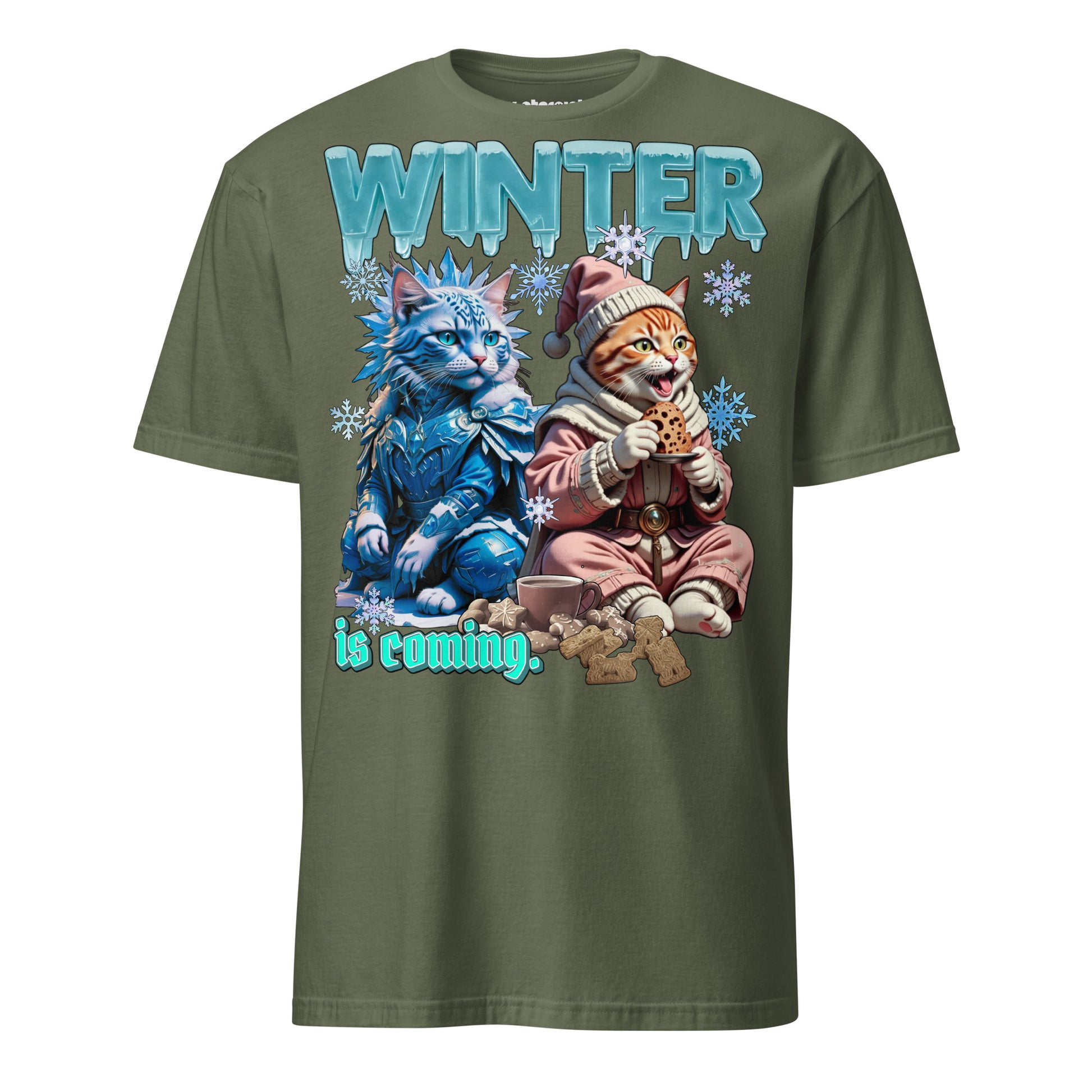 Winterpink T-Shirt Winter is coming – zwei Katzen, eine im Frostlord-Style, eine mit Keks & Tee, gemütliches Winter-Motiv