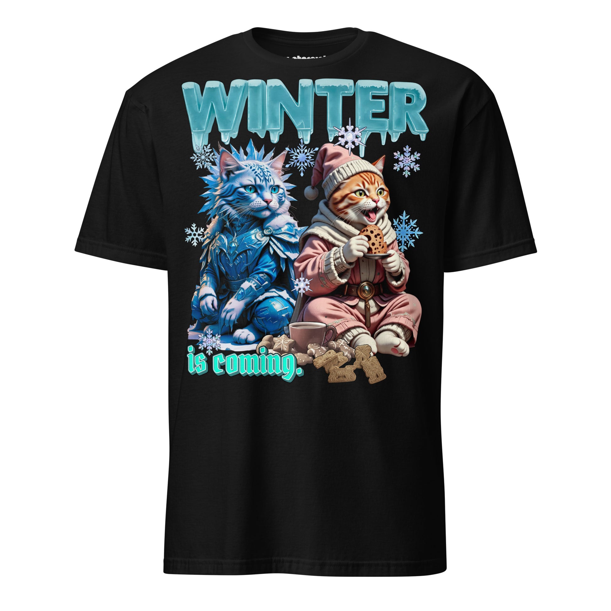 Winterpink T-Shirt Winter is coming – zwei Katzen, eine im Frostlord-Style, eine mit Keks & Tee, gemütliches Winter-Motiv
