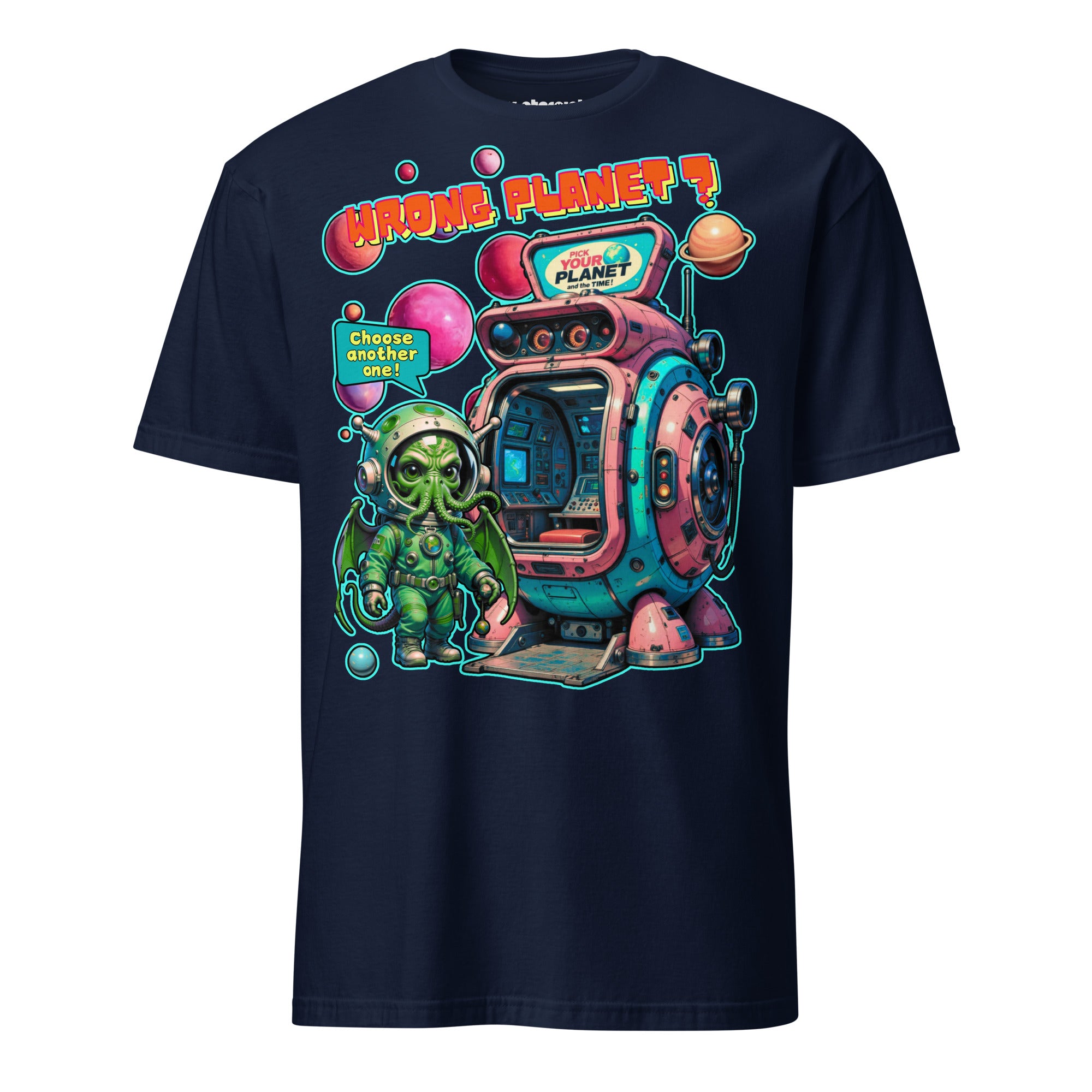 Winterpink T-Shirt – Space-Cthulhu vor Planetenkabine, Text ‚Wrong Planet – Pick Your Planet‘, Comic-Design, empowernd & humorvoll