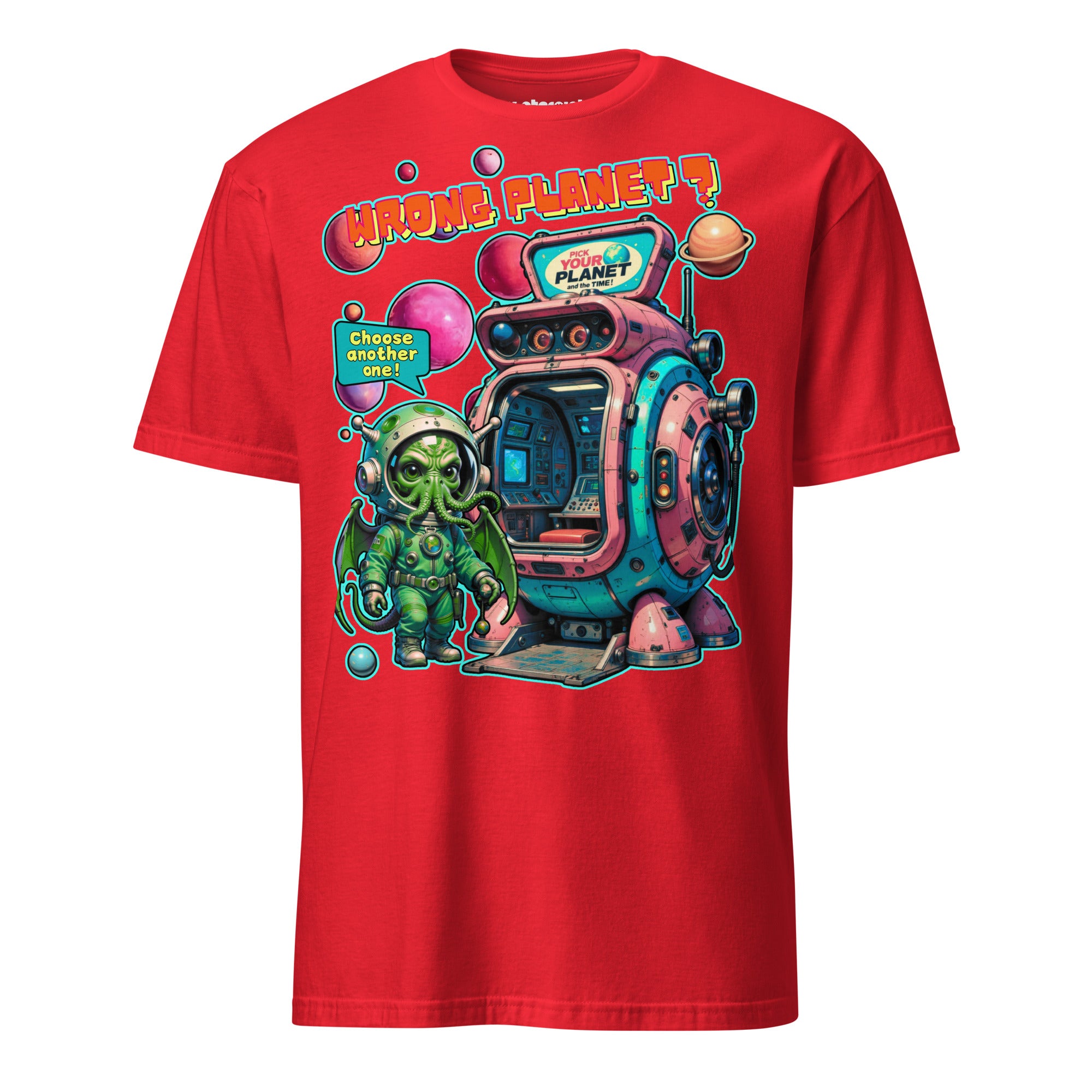 Winterpink T-Shirt – Space-Cthulhu vor Planetenkabine, Text ‚Wrong Planet – Pick Your Planet‘, Comic-Design, empowernd & humorvoll