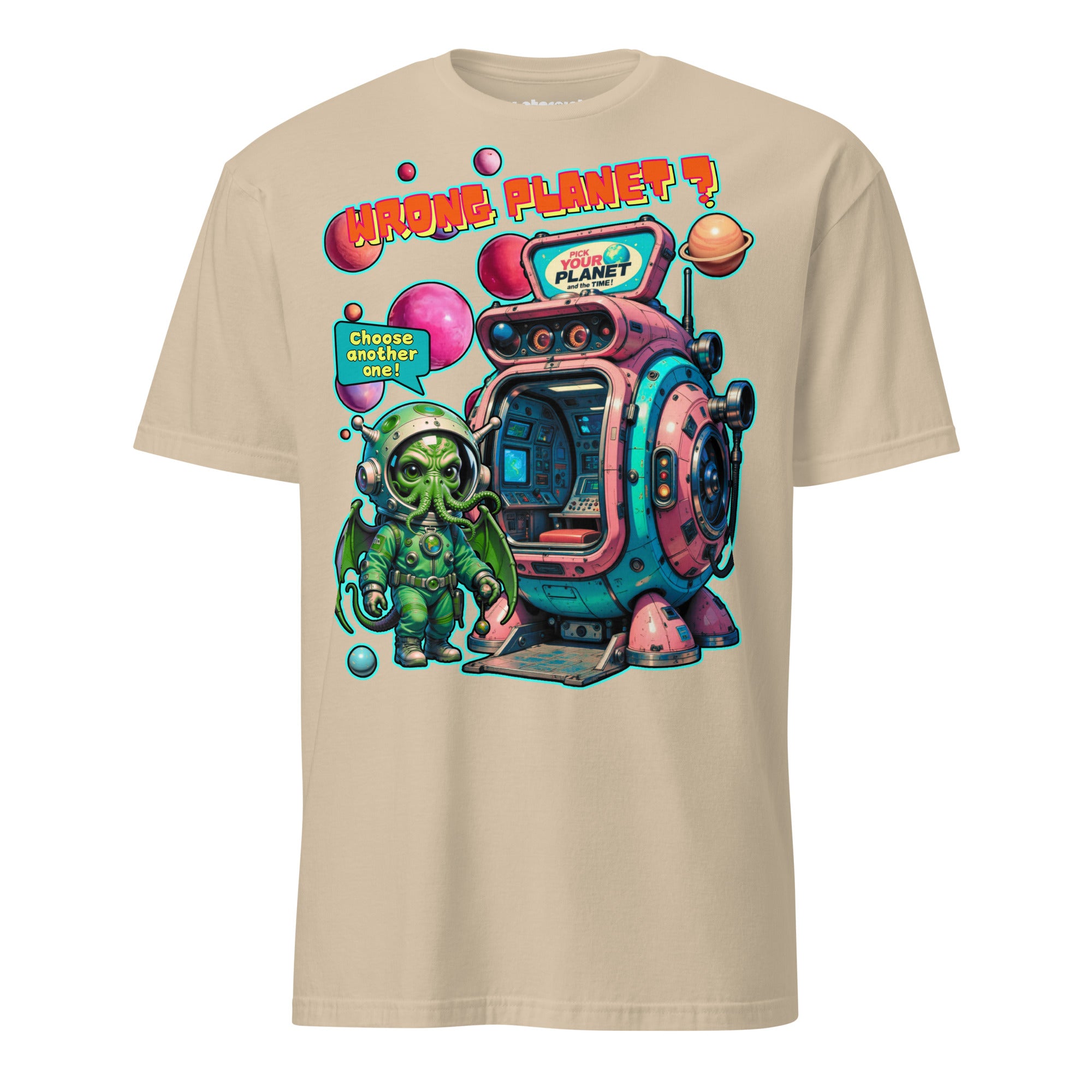 Winterpink T-Shirt – Space-Cthulhu vor Planetenkabine, Text ‚Wrong Planet – Pick Your Planet‘, Comic-Design, empowernd & humorvoll