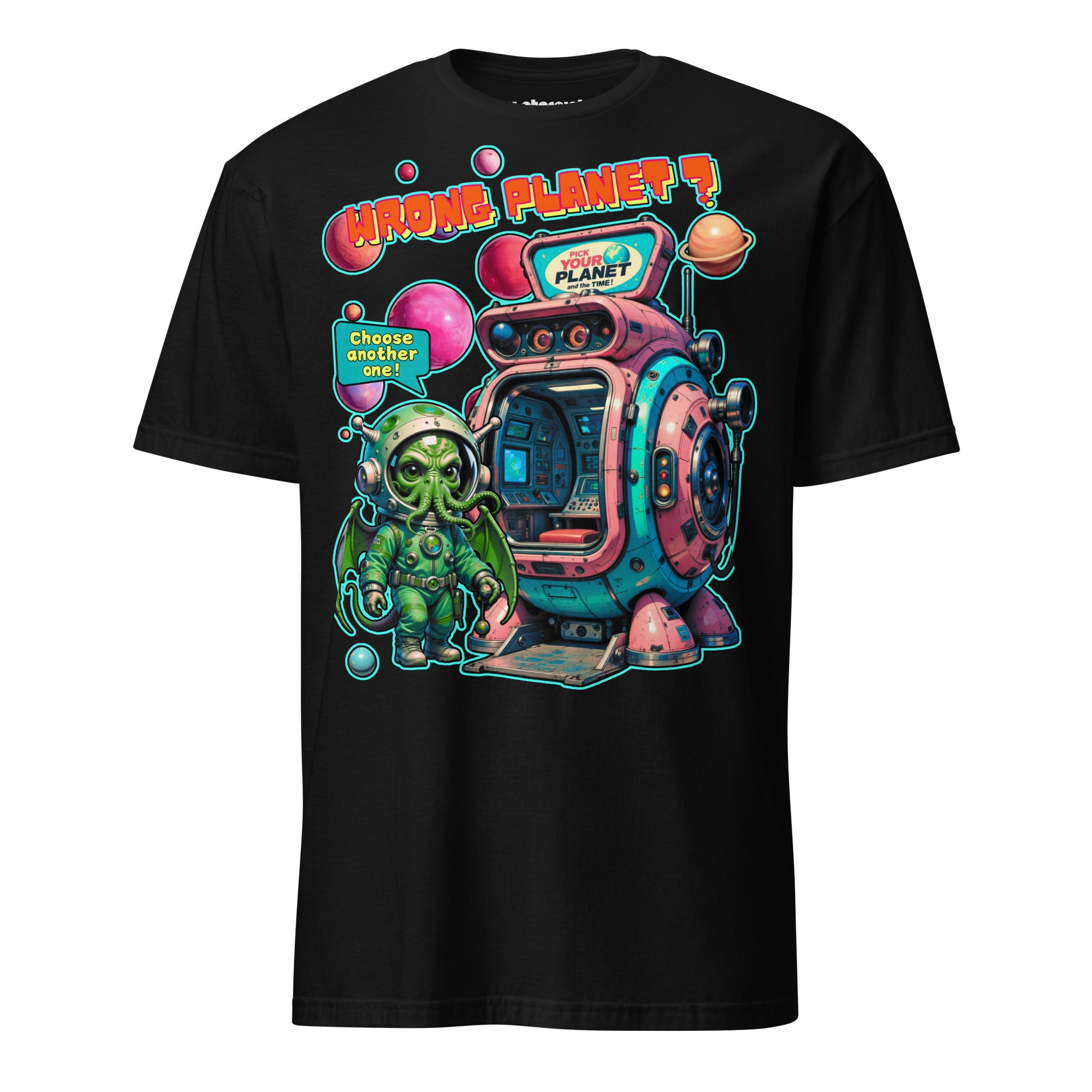 Winterpink T-Shirt – Space-Cthulhu vor Planetenkabine, Text ‚Wrong Planet – Pick Your Planet‘, Comic-Design, empowernd & humorvoll