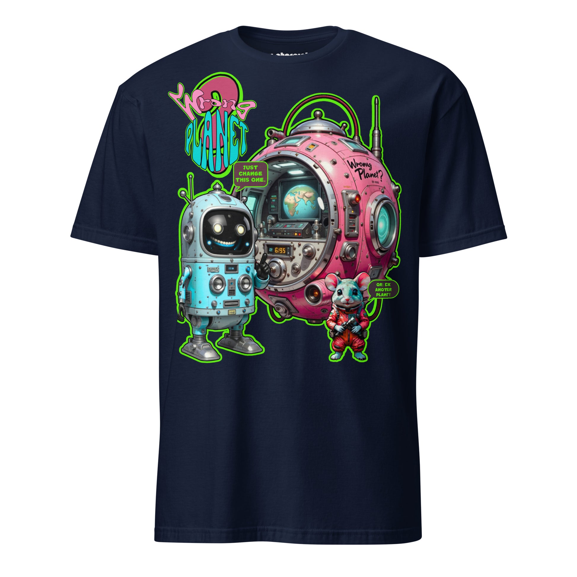Winterpink T-Shirt – Retro-Roboter mit kugelförmiger Maschine, Text ‚Wrong Planet – Just Change This One‘, Sci-Fi Comic-Design, empowernd & humorvoll