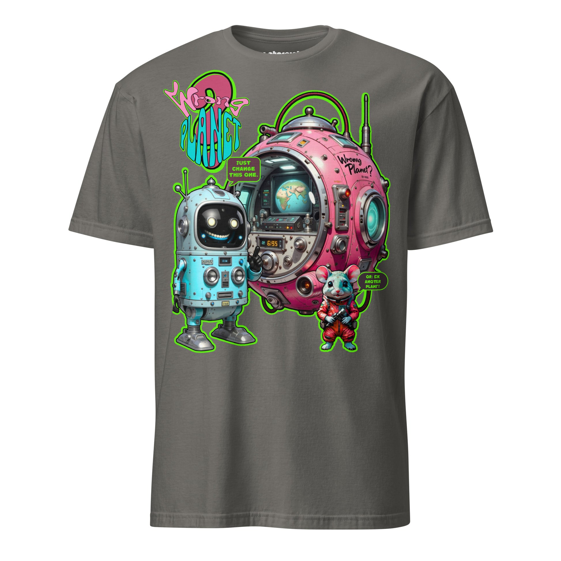 Winterpink T-Shirt – Retro-Roboter mit kugelförmiger Maschine, Text ‚Wrong Planet – Just Change This One‘, Sci-Fi Comic-Design, empowernd & humorvoll