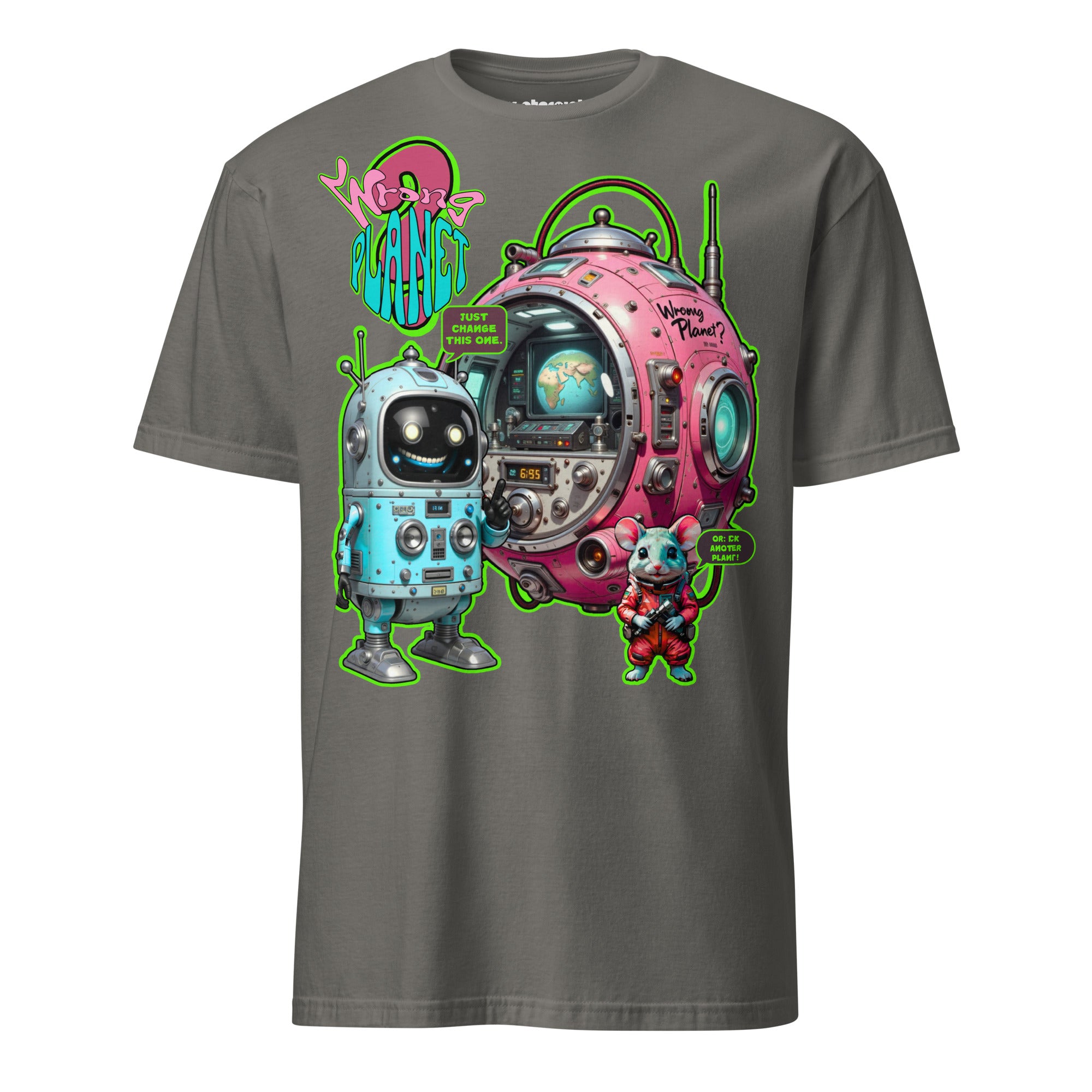 Winterpink T-Shirt – Retro-Roboter mit kugelförmiger Maschine, Text ‚Wrong Planet – Just Change This One‘, Sci-Fi Comic-Design, empowernd & humorvoll