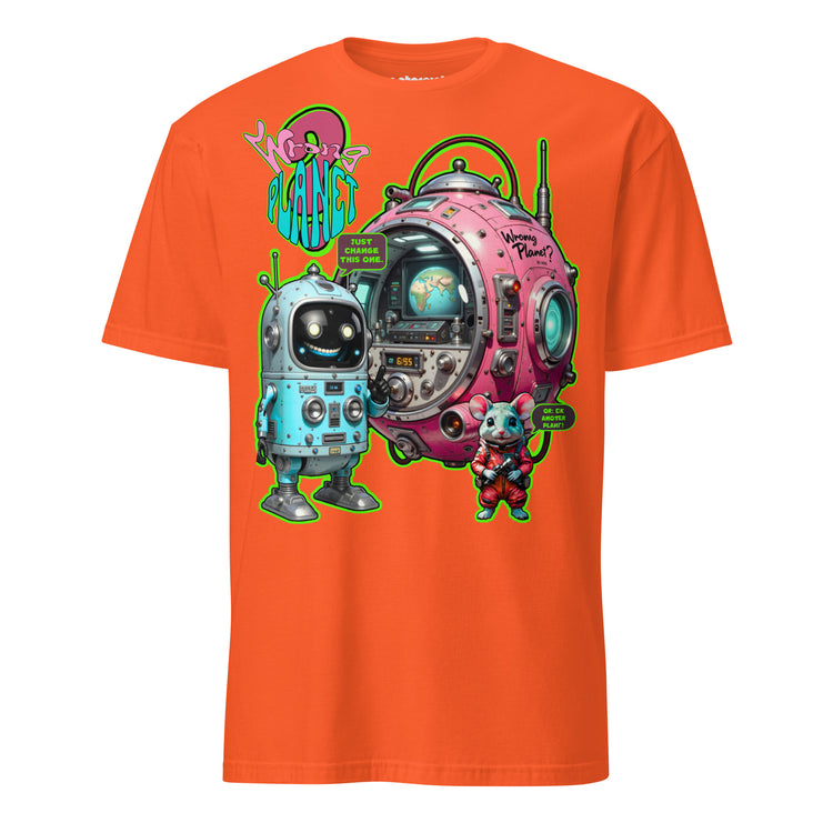 Winterpink T-Shirt – Retro-Roboter mit kugelförmiger Maschine, Text ‚Wrong Planet – Just Change This One‘, Sci-Fi Comic-Design, empowernd & humorvoll