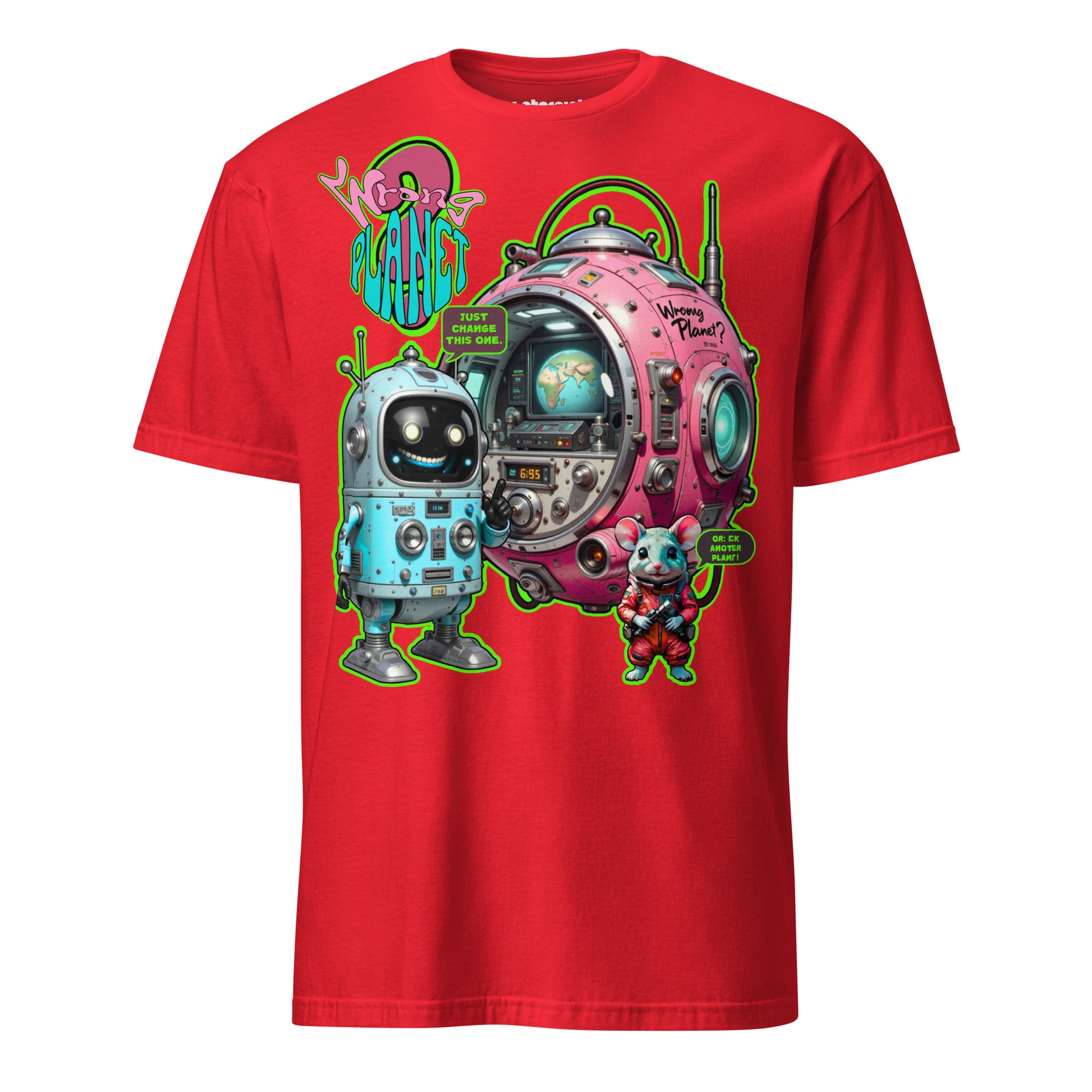 Winterpink T-Shirt – Retro-Roboter mit kugelförmiger Maschine, Text ‚Wrong Planet – Just Change This One‘, Sci-Fi Comic-Design, empowernd & humorvoll