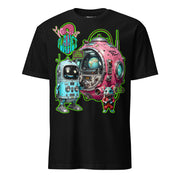 Winterpink T-Shirt – Retro-Roboter mit kugelförmiger Maschine, Text ‚Wrong Planet – Just Change This One‘, Sci-Fi Comic-Design, empowernd & humorvoll