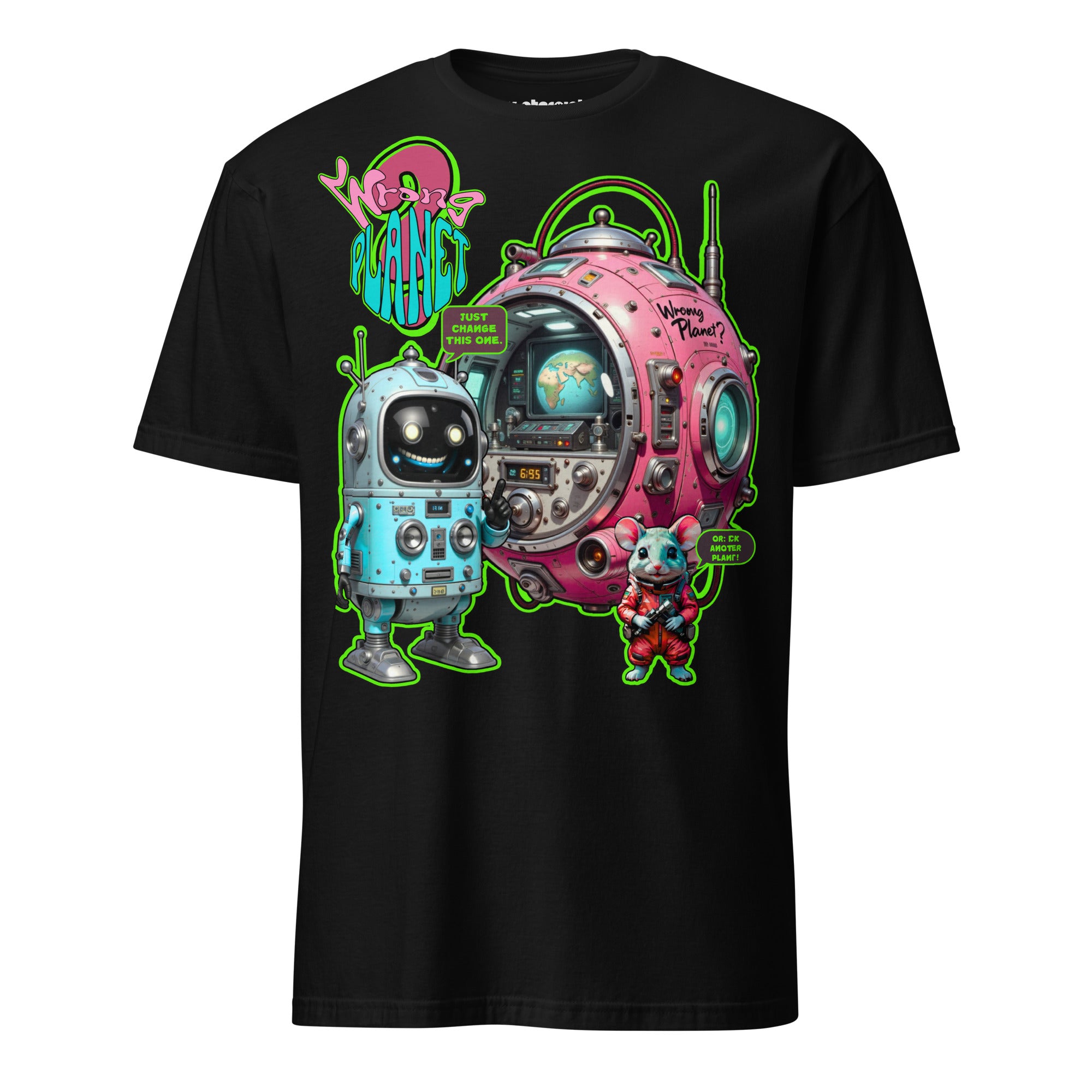 Winterpink T-Shirt – Retro-Roboter mit kugelförmiger Maschine, Text ‚Wrong Planet – Just Change This One‘, Sci-Fi Comic-Design, empowernd & humorvoll
