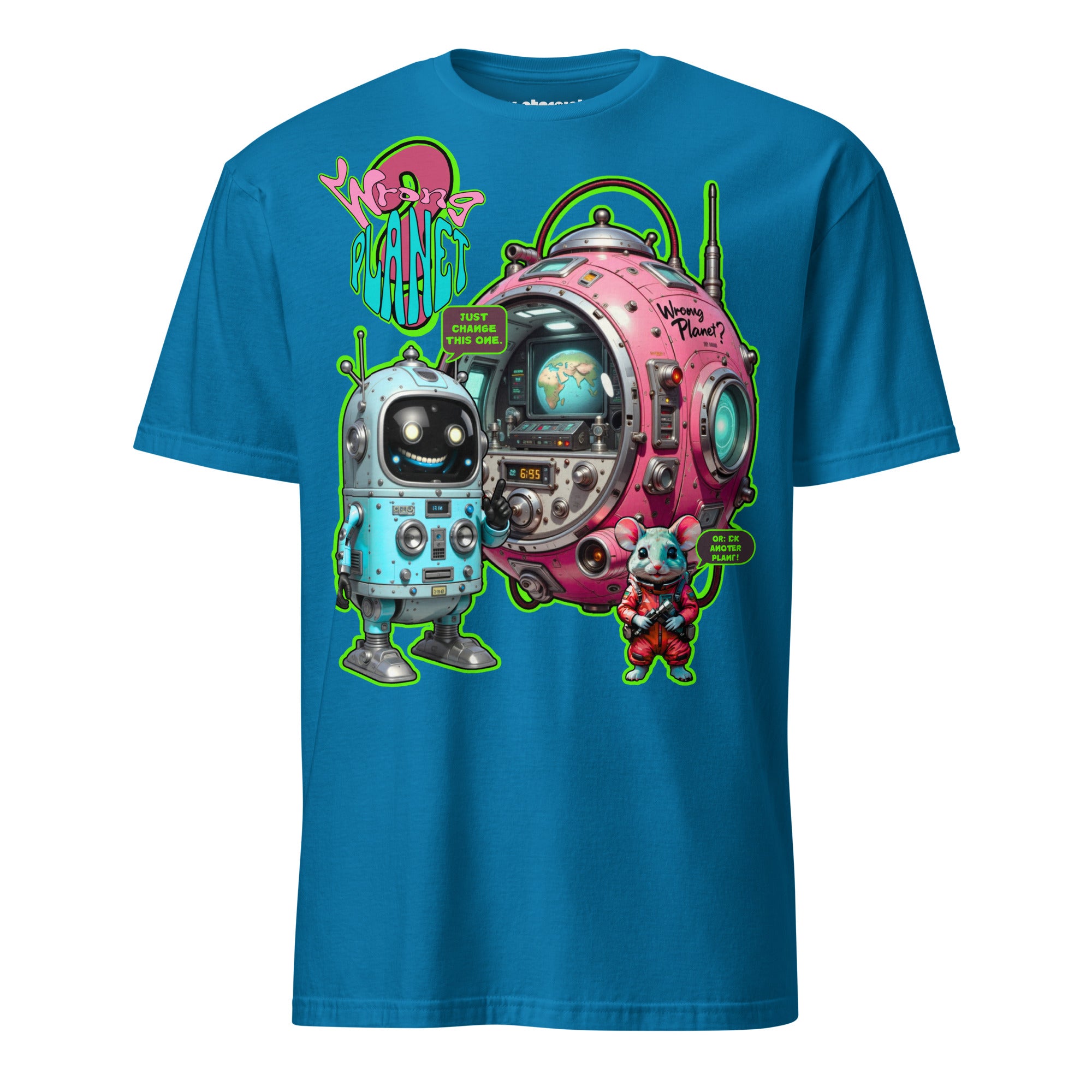 Winterpink T-Shirt – Retro-Roboter mit kugelförmiger Maschine, Text ‚Wrong Planet – Just Change This One‘, Sci-Fi Comic-Design, empowernd & humorvoll
