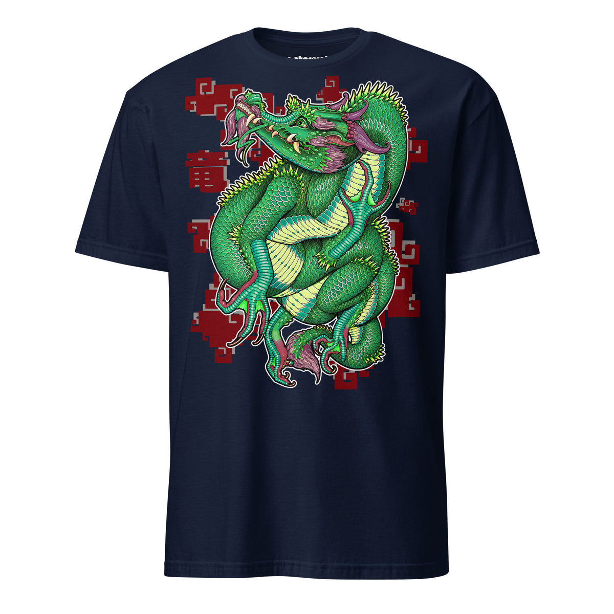 Winterpink Drachen T-Shirt Motiv mit grünem ostasiatischem Drachen, geschwungenem Körper, Klauen und stilisierten roten und grauen Wolken