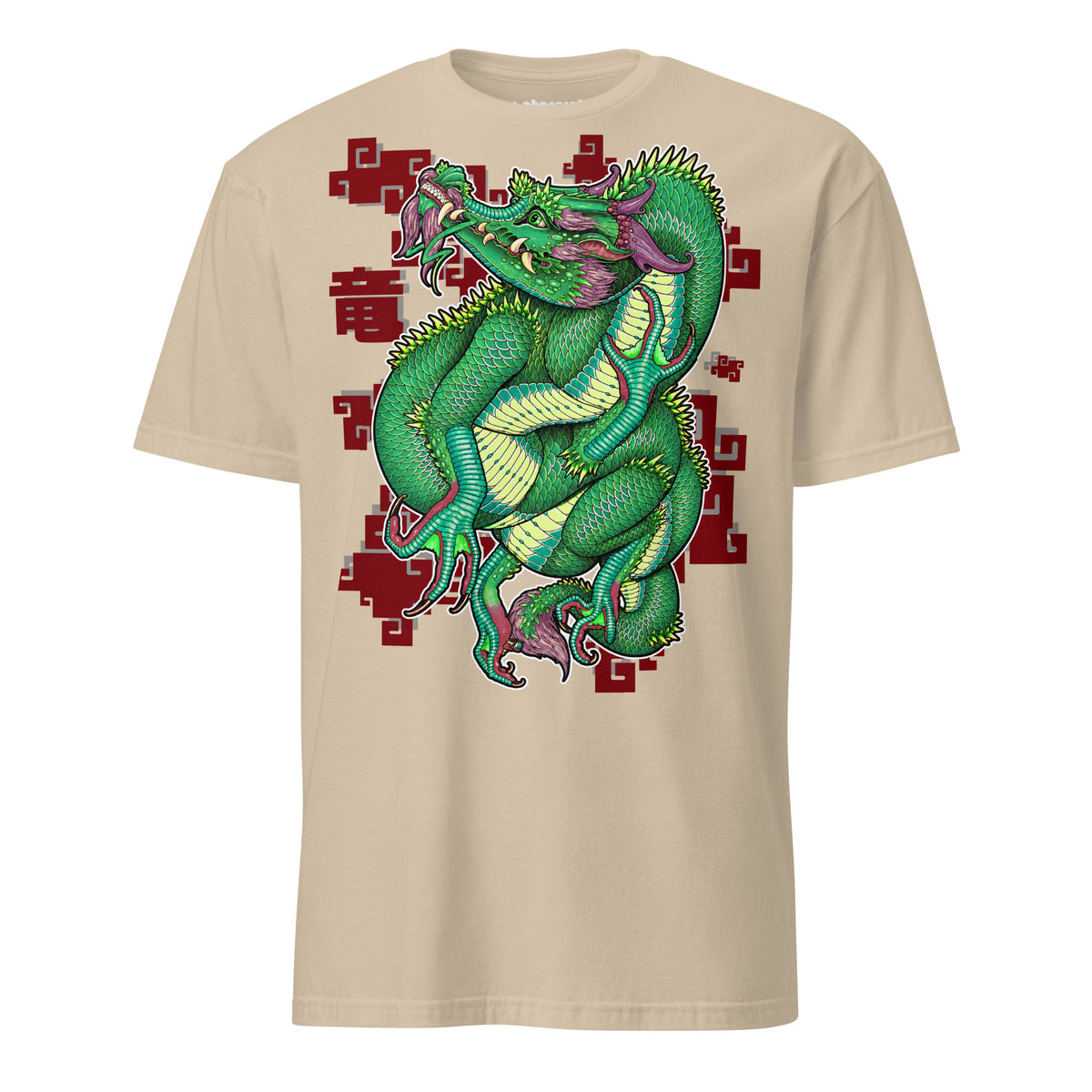 Winterpink Drachen T-Shirt Motiv mit grünem ostasiatischem Drachen, geschwungenem Körper, Klauen und stilisierten roten und grauen Wolken