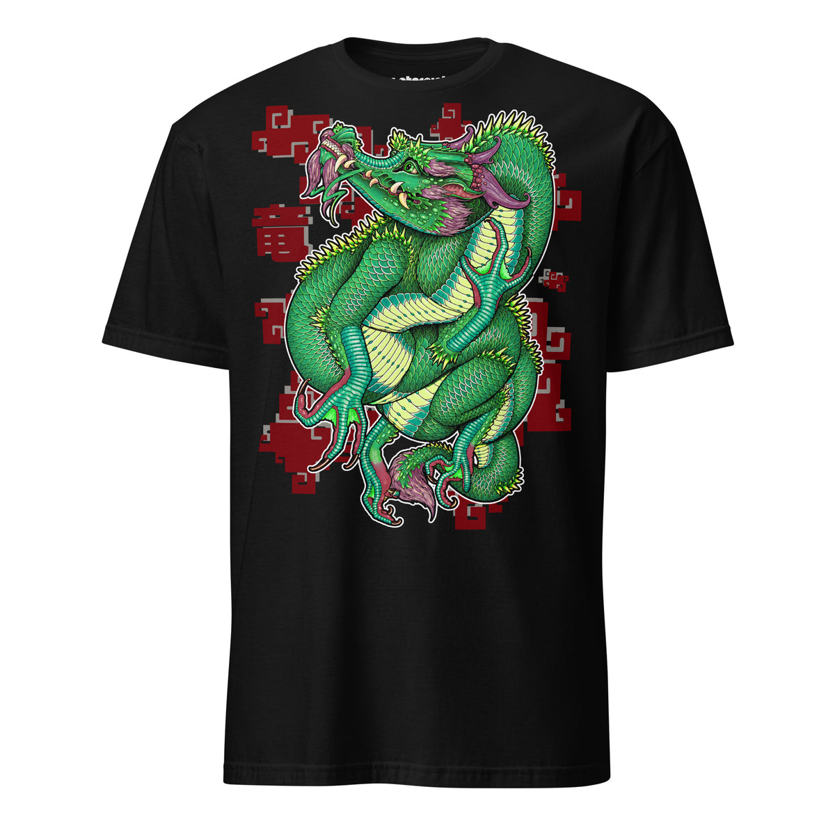 Winterpink Drachen T-Shirt Motiv mit grünem ostasiatischem Drachen, geschwungenem Körper, Klauen und stilisierten roten und grauen Wolken