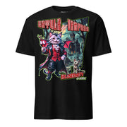 T-Shirt mit einer Vampirkatze im roten Anzug vor einem düsteren Schloss mit Gothic-Horror-Atmosphäre und humorvoller Halloween-Optik