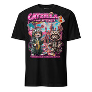 T-Shirt mit zwei Katzen in Monsterkostümen, die in einer bunten Candyland-Welt Chaos verursachen, inspiriert von klassischen Kaiju-Filmen mockup