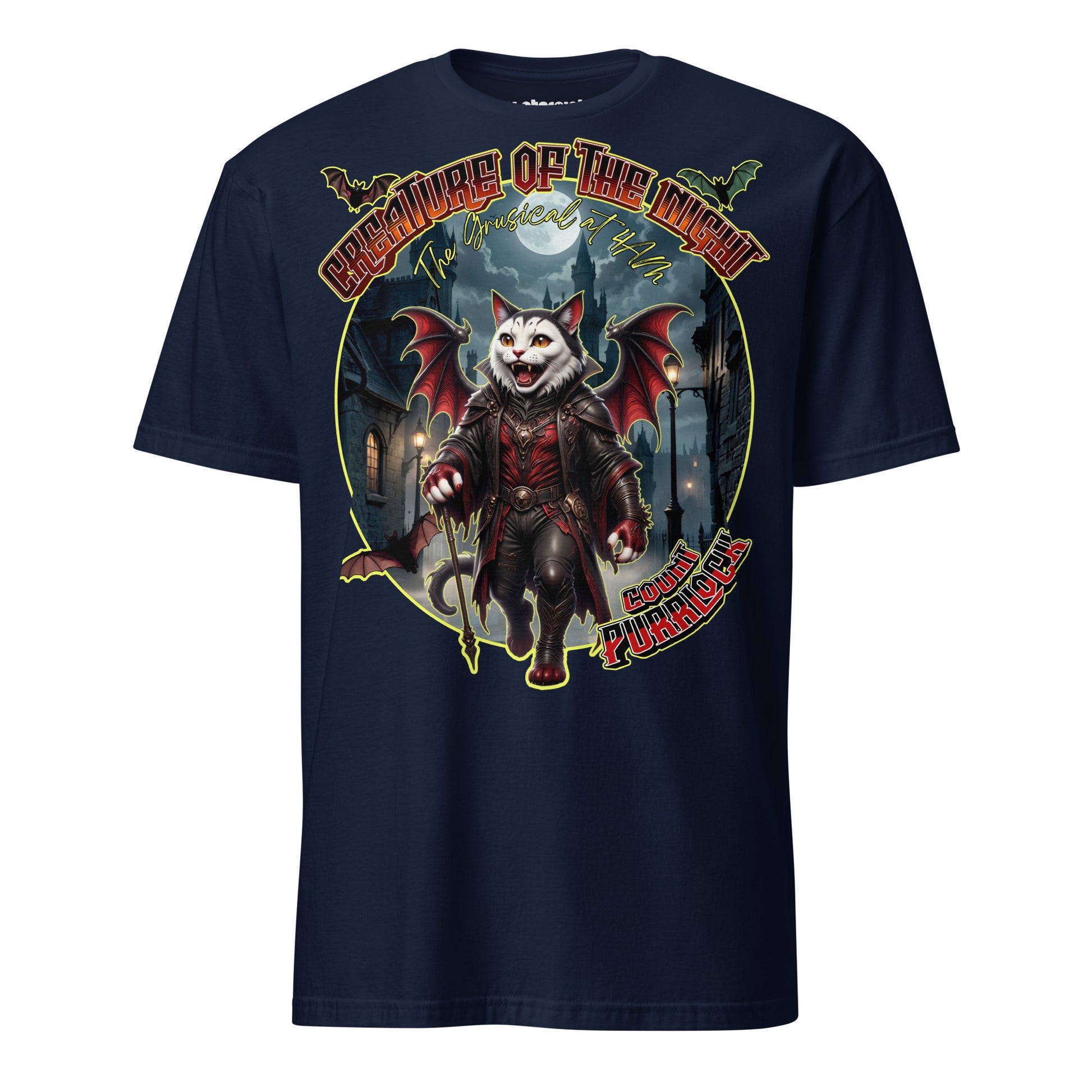 T-Shirt mit einer Vampirkatze im viktorianischen Outfit in den nächtlichen Straßen Londons mit Gothic- und Musical-Atmosphäre