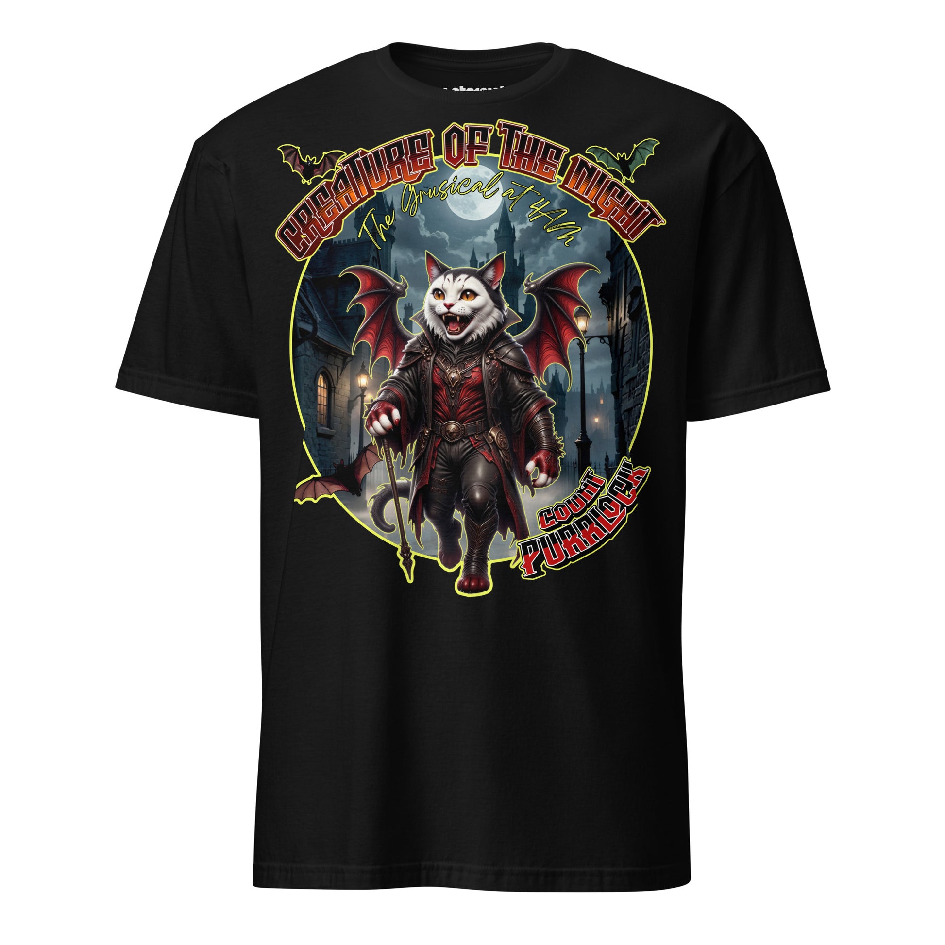 T-Shirt mit einer Vampirkatze im viktorianischen Outfit in den nächtlichen Straßen Londons mit Gothic- und Musical-Atmosphäre