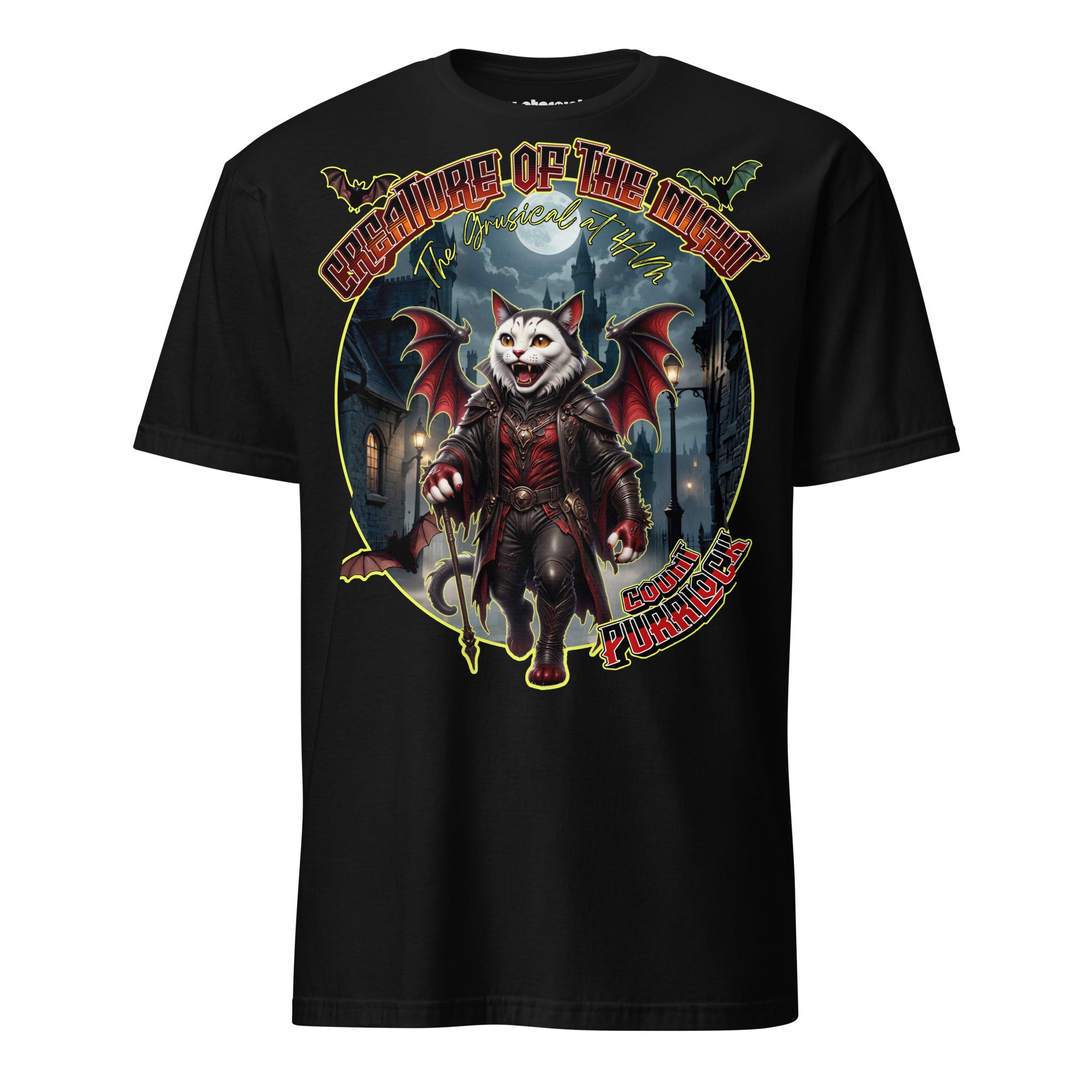 T-Shirt mit einer Vampirkatze im viktorianischen Outfit in den nächtlichen Straßen Londons mit Gothic- und Musical-Atmosphäre