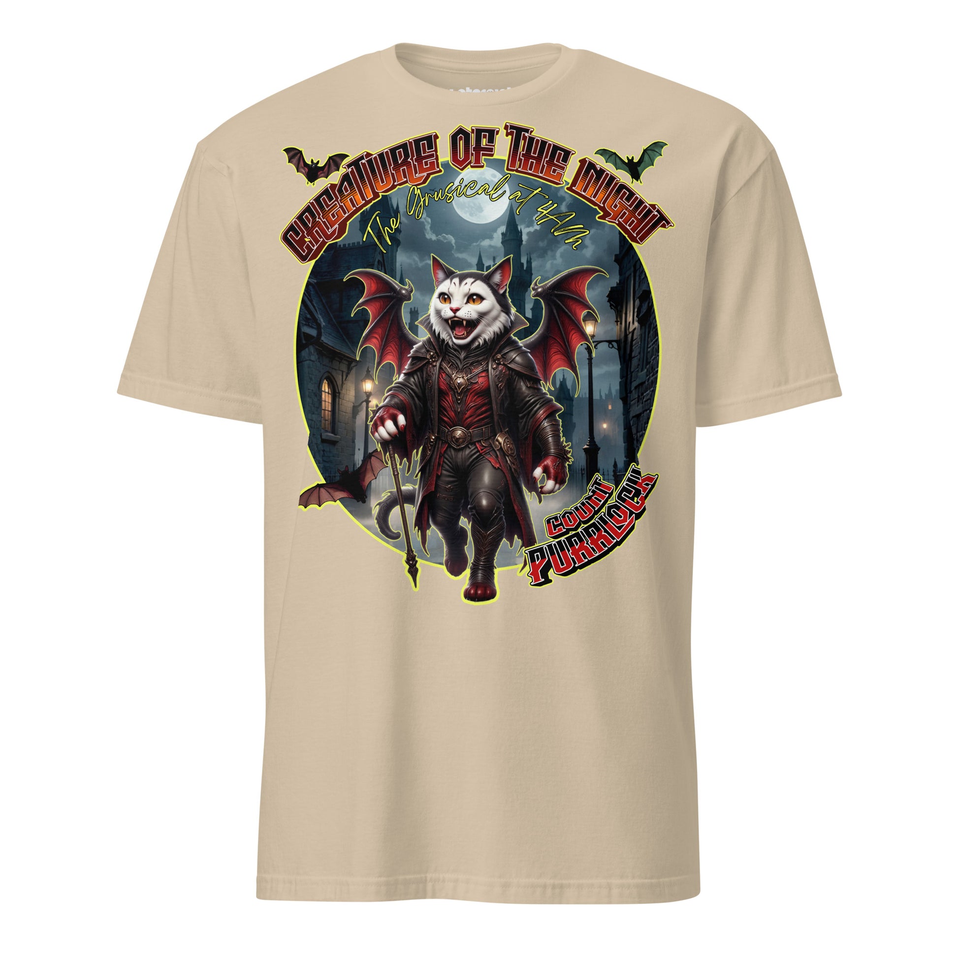 T-Shirt mit einer Vampirkatze im viktorianischen Outfit in den nächtlichen Straßen Londons mit Gothic- und Musical-Atmosphäre