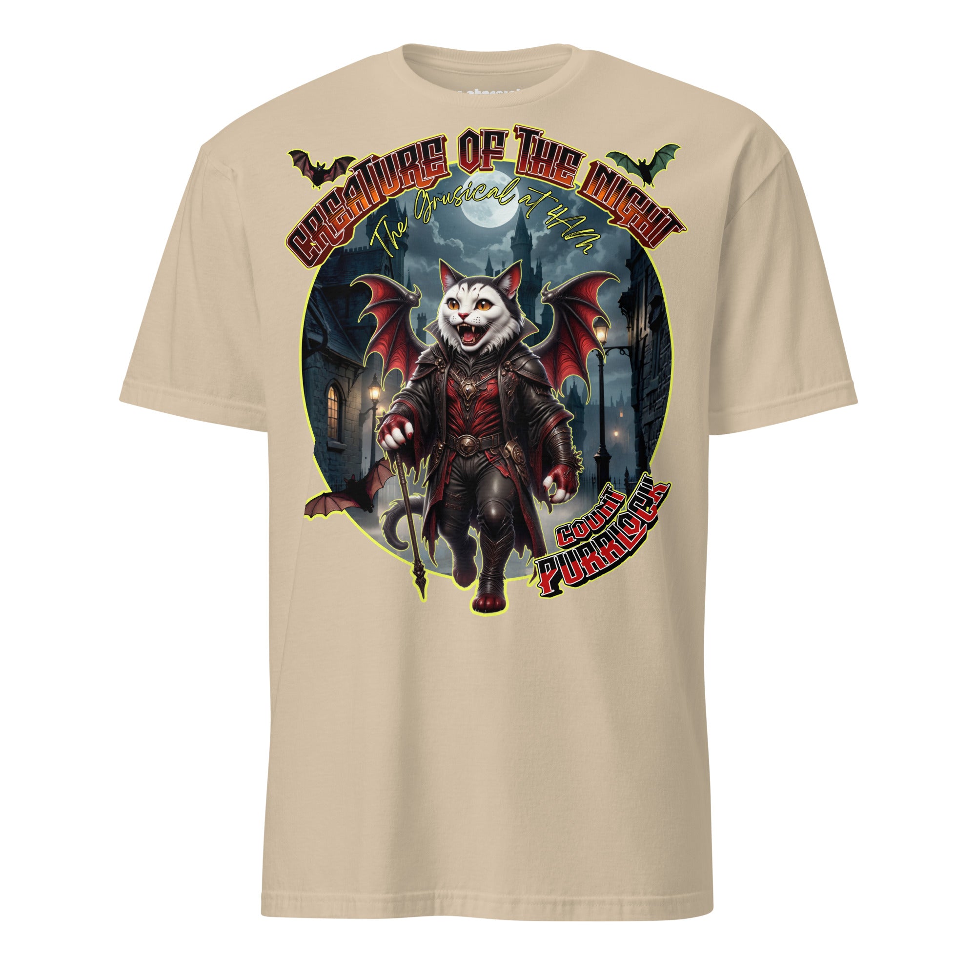 T-Shirt mit einer Vampirkatze im viktorianischen Outfit in den nächtlichen Straßen Londons mit Gothic- und Musical-Atmosphäre