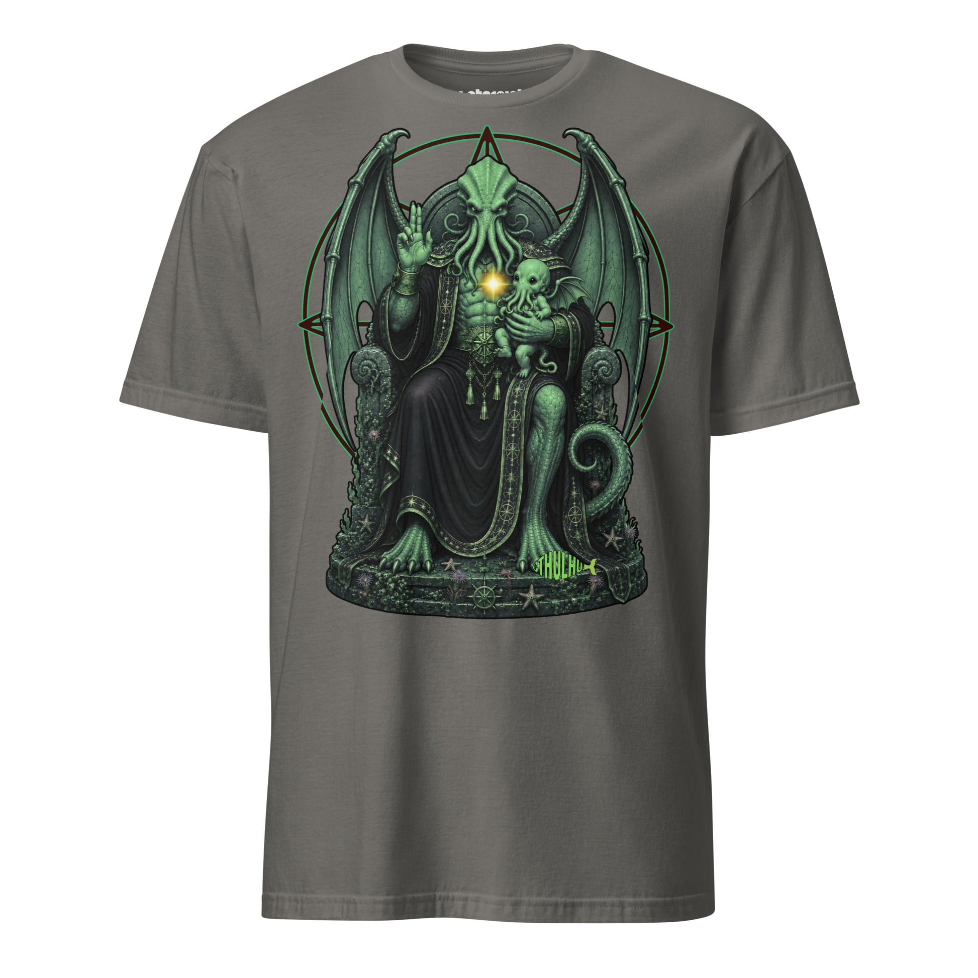T-Shirt mit Cthulhu auf einem verzierten Thron, erhobener Hand im Segensgestus und einem kleinen tentakelartigen Kind auf dem Arm.