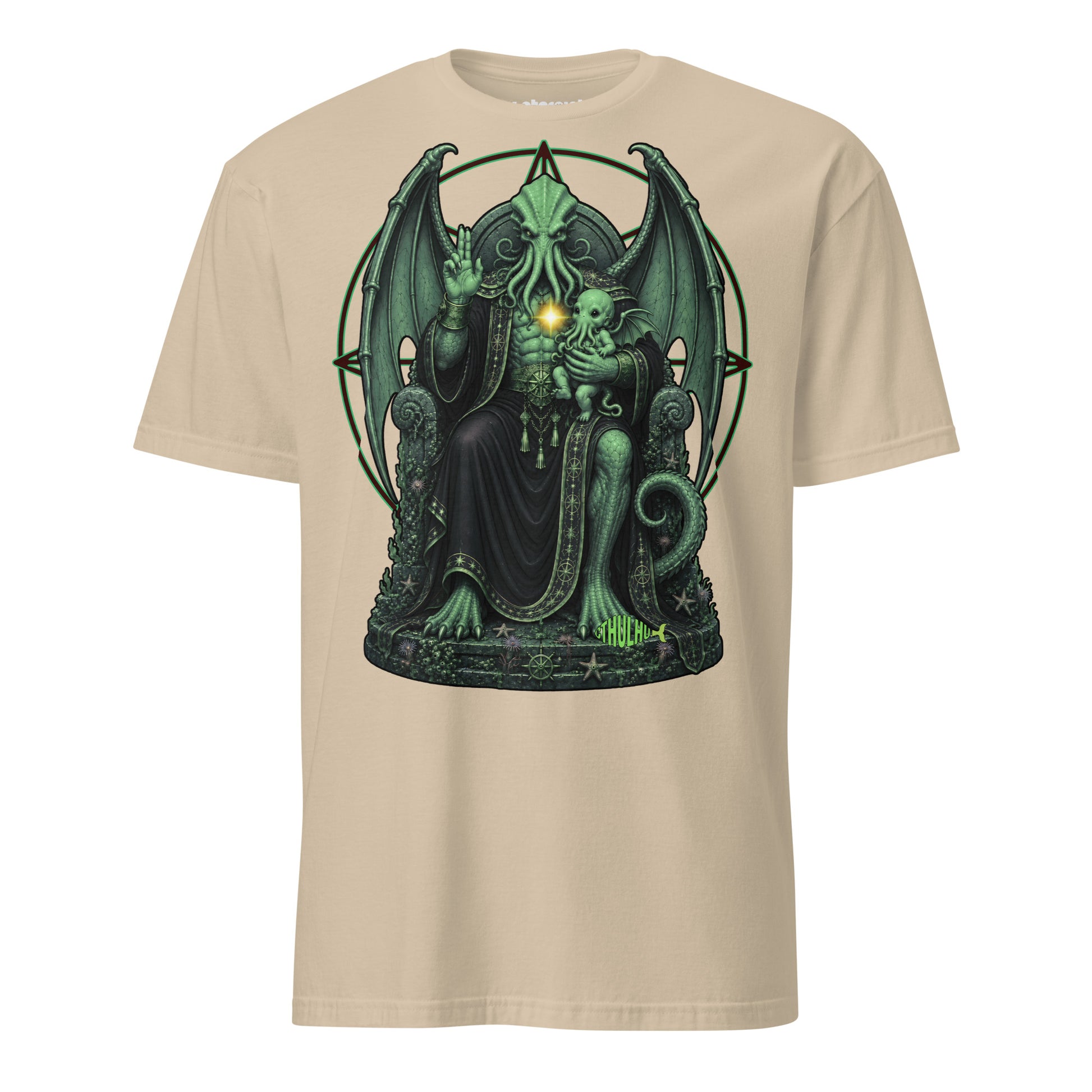 T-Shirt mit Cthulhu auf einem verzierten Thron, erhobener Hand im Segensgestus und einem kleinen tentakelartigen Kind auf dem Arm.
