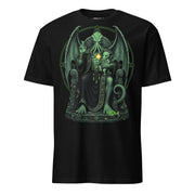 T-Shirt mit Cthulhu auf einem verzierten Thron, erhobener Hand im Segensgestus und einem kleinen tentakelartigen Kind auf dem Arm.