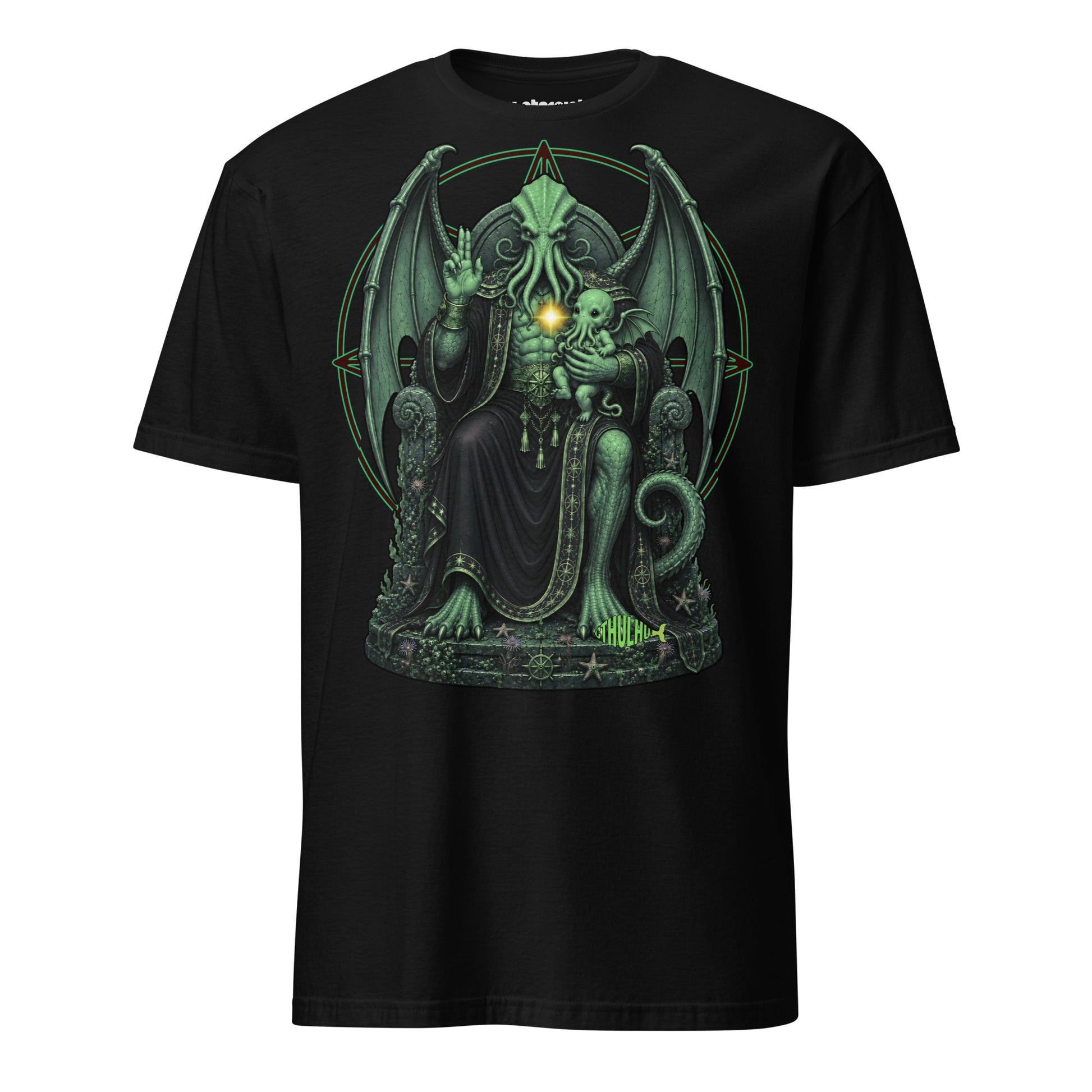 T-Shirt mit Cthulhu auf einem verzierten Thron, erhobener Hand im Segensgestus und einem kleinen tentakelartigen Kind auf dem Arm.