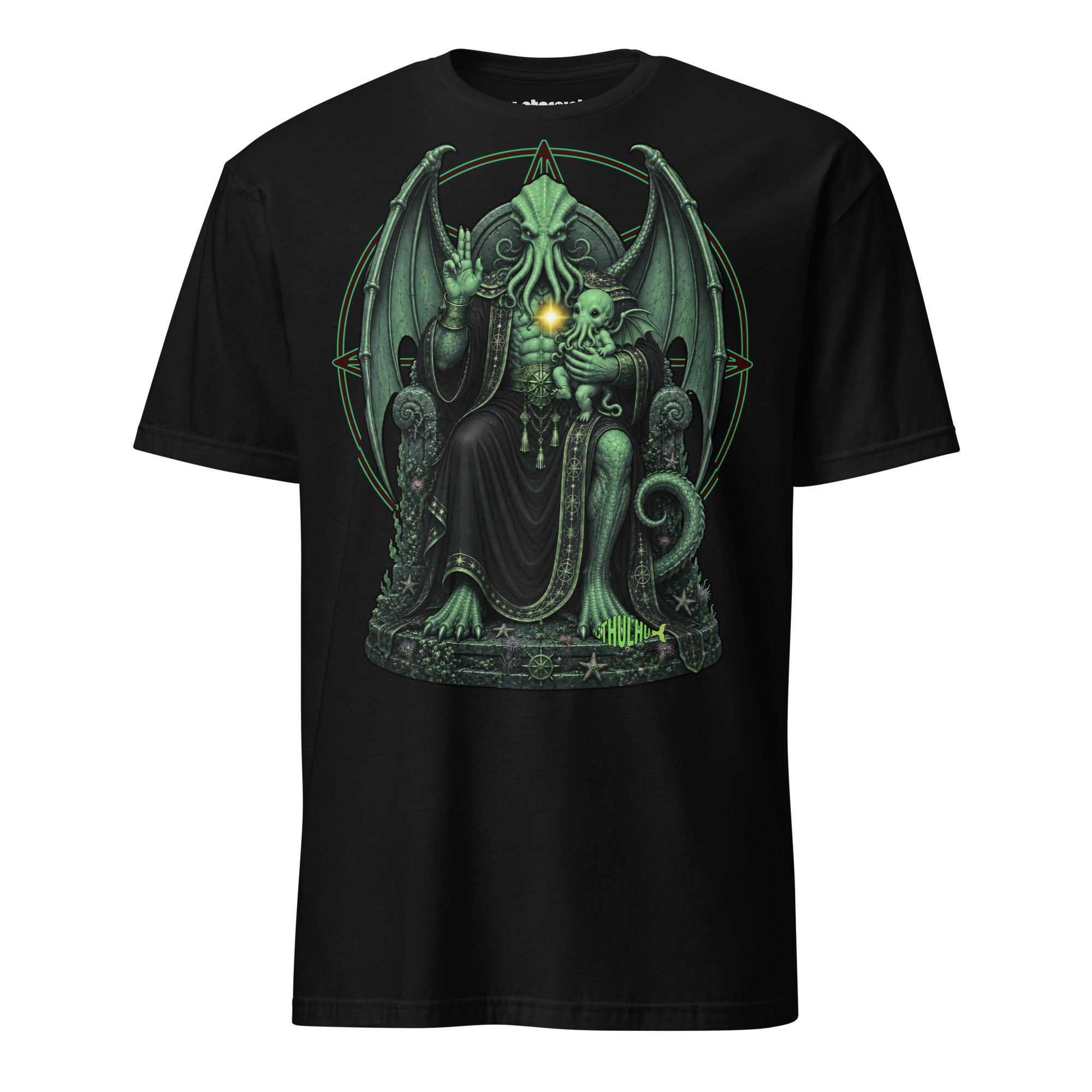 T-Shirt mit Cthulhu auf einem verzierten Thron, erhobener Hand im Segensgestus und einem kleinen tentakelartigen Kind auf dem Arm.