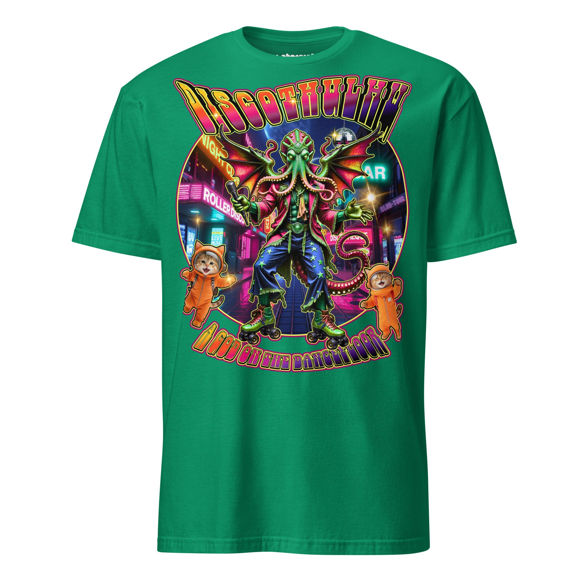 Discothulhu T-Shirt mit kosmischem Horrorwesen auf Rollschuhen in einer neonfarbenen Rollerdisco mit Karaoke-Mikrofon und kleinen Katzen im Retro-80er-Stil.