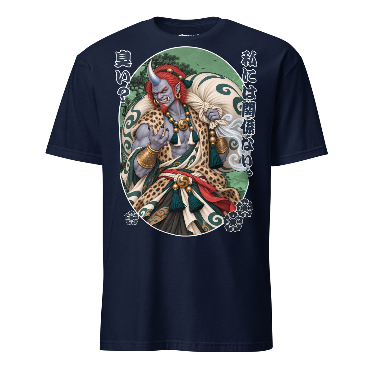 Winterpink Fūjin T-Shirt Motiv mit japanischem Windgott, großem Windsack, traditioneller Kleidung und Schmuck