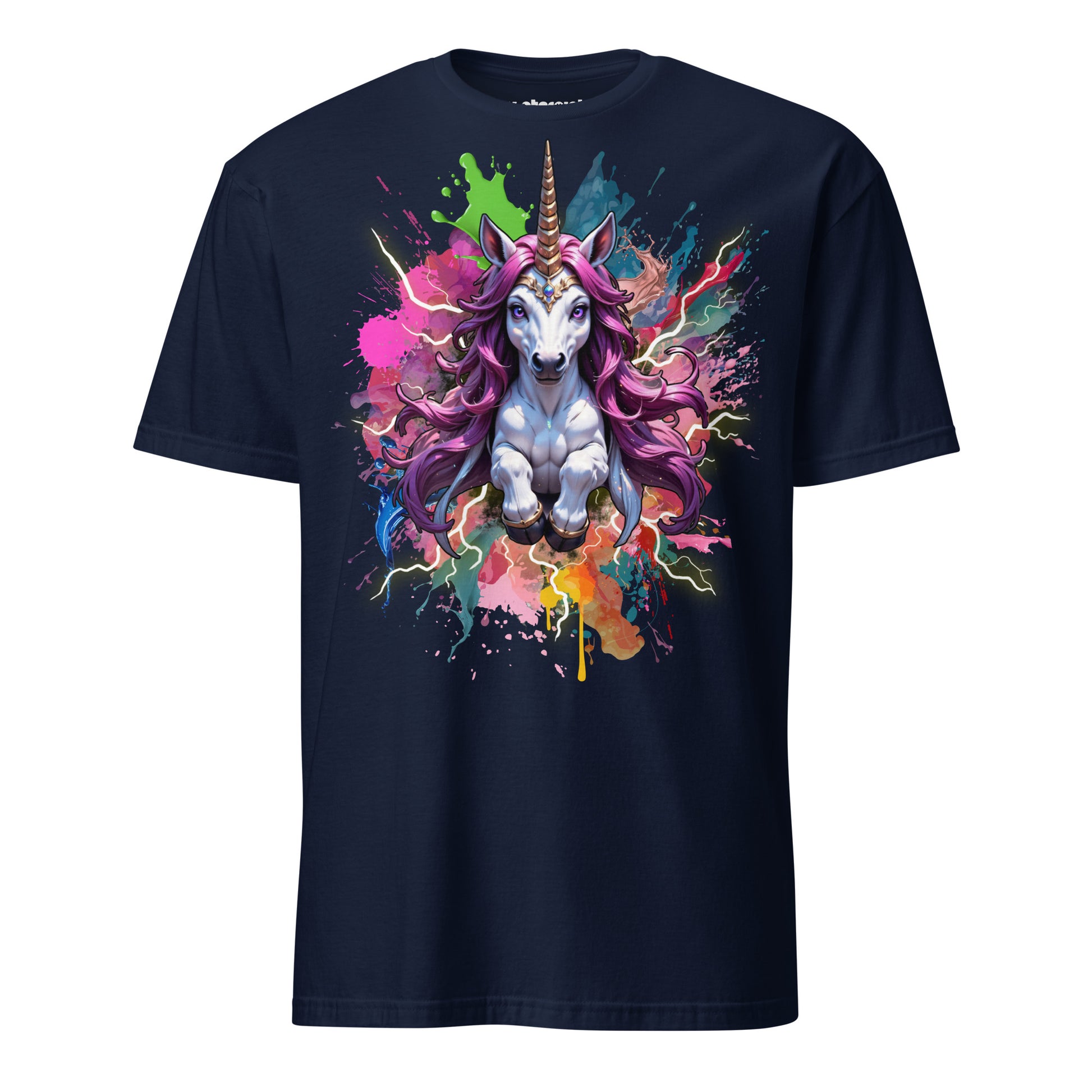 Farbenfrohes Einhorn mit dynamischen Color-Splash-Effekten auf schwarzem T-Shirt, modernes Fantasy-Art-Design von Winterpink