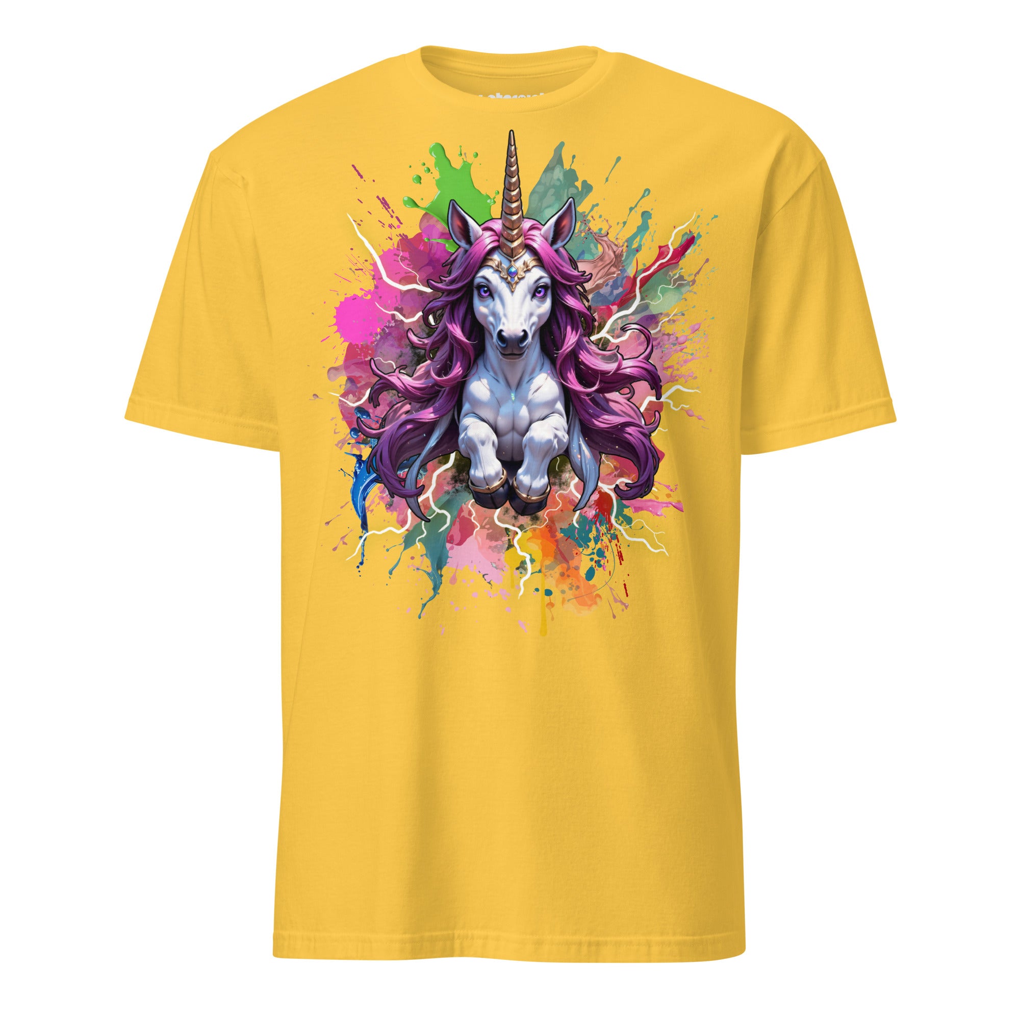 Farbenfrohes Einhorn mit dynamischen Color-Splash-Effekten auf schwarzem T-Shirt, modernes Fantasy-Art-Design von Winterpink