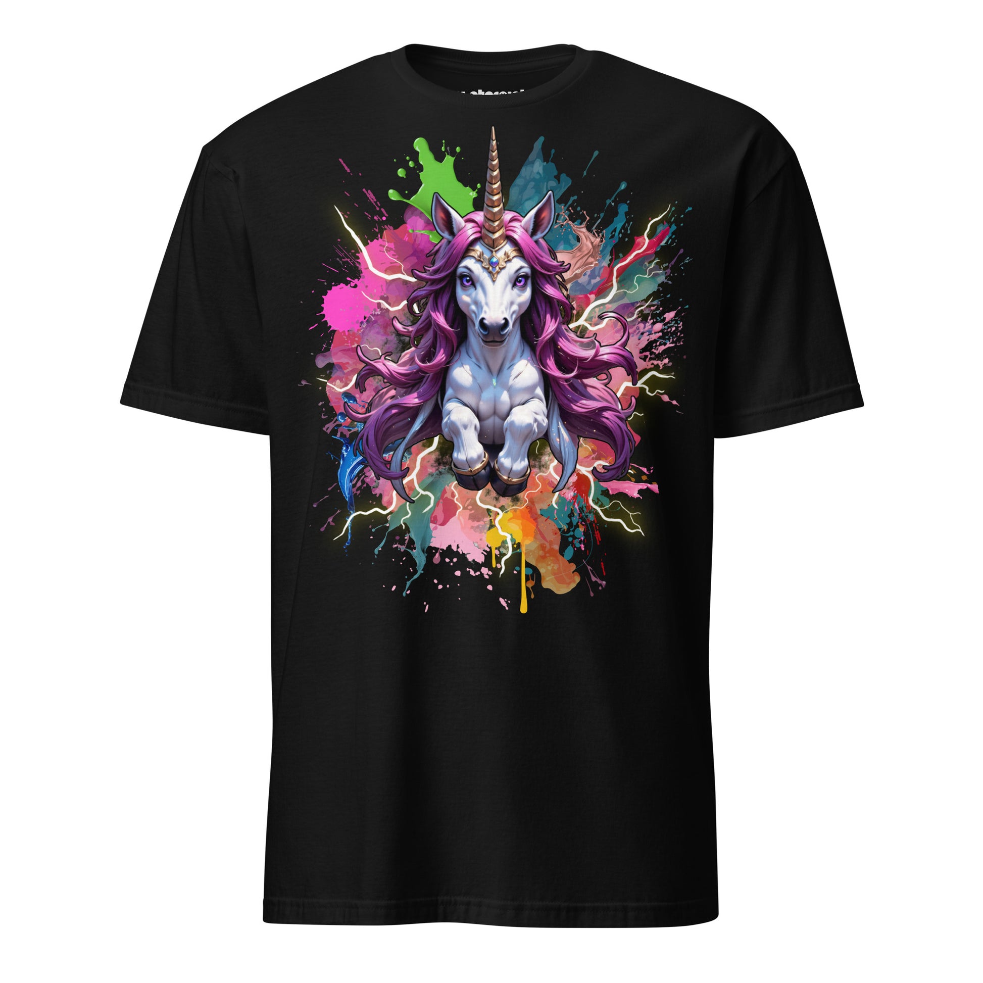 Farbenfrohes Einhorn mit dynamischen Color-Splash-Effekten auf schwarzem T-Shirt, modernes Fantasy-Art-Design von Winterpink