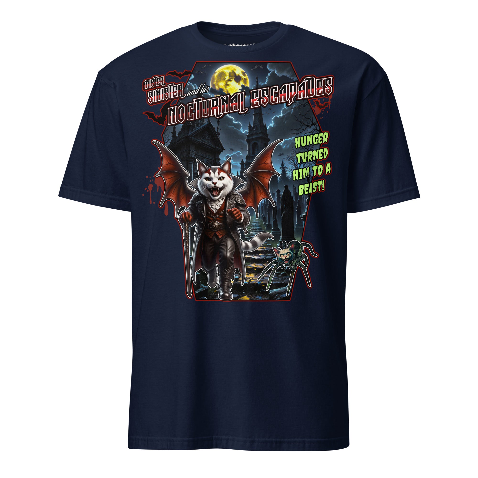 T-Shirt mit einer Vampirkatze mit Fledermausflügeln und einer kleinen Katzenspinne auf einem nächtlichen Friedhof bei Vollmond