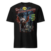 T-Shirt mit einer Vampirkatze mit Fledermausflügeln und einer kleinen Katzenspinne auf einem nächtlichen Friedhof bei Vollmond