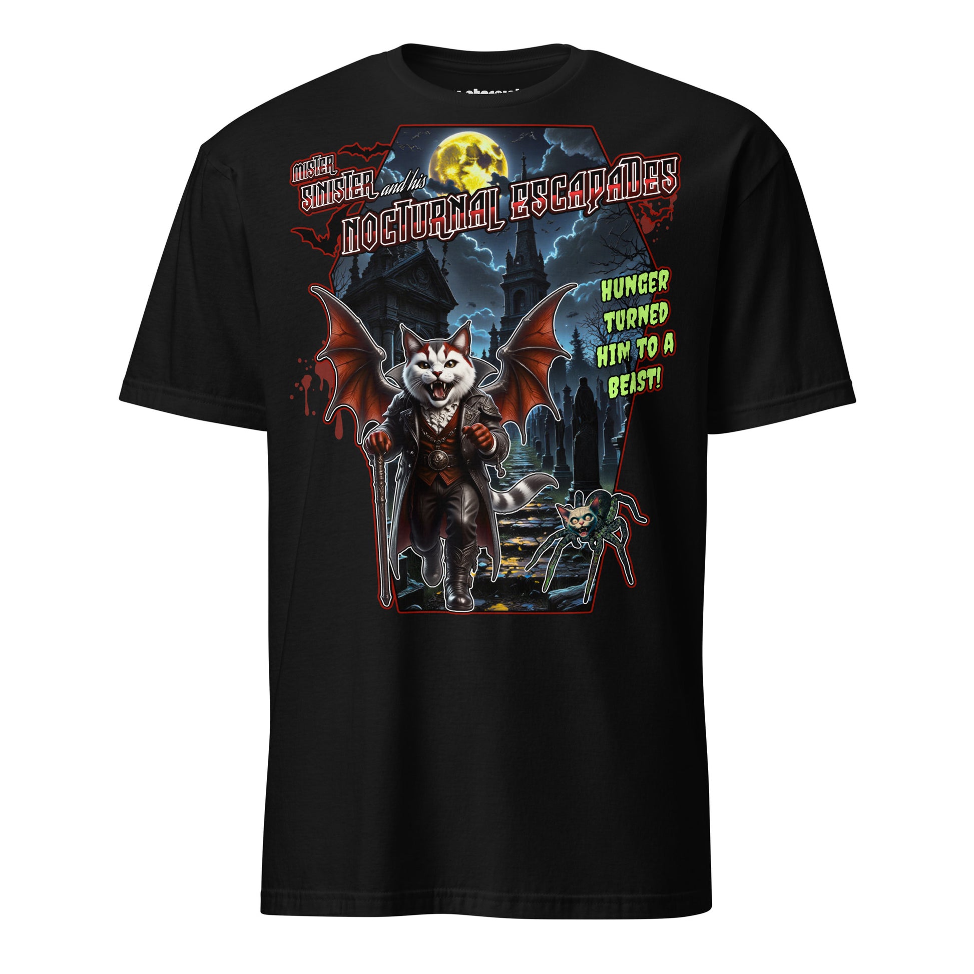 T-Shirt mit einer Vampirkatze mit Fledermausflügeln und einer kleinen Katzenspinne auf einem nächtlichen Friedhof bei Vollmond
