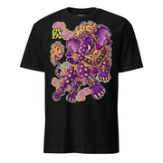 Winterpink Baku T-Shirt mit violettem japanischem Traumfresser als Elefanten-Fabelwesen, goldener Mähne, Schmuck, Quasten und ornamentalen Wolken.