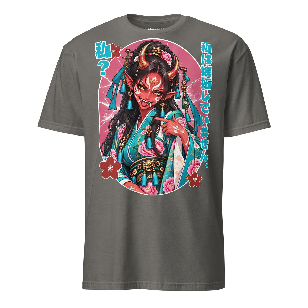 Winterpink Hannya T-Shirt mit rothäutiger japanischer Dämonin im türkisen Blumen-Kimono, Hörnern, Fangzähnen und japanischem Text „私は嫉妬していません。“