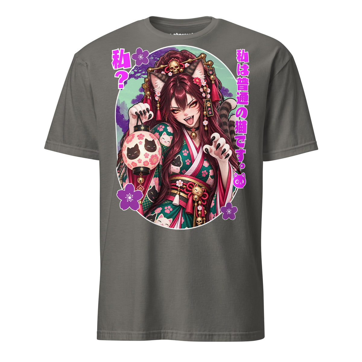 Winterpink Nekomata T-Shirt mit japanischer Katzen-Yōkai im grünen Blumen-Kimono, Katzenohren, zwei Schwänzen, Krallen, Laterne und japanischem Text.