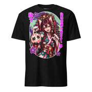 Winterpink Nekomata T-Shirt mit japanischer Katzen-Yōkai im grünen Blumen-Kimono, Katzenohren, zwei Schwänzen, Krallen, Laterne und japanischem Text.