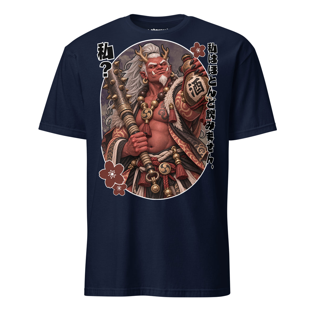Winterpink Shuten-dōji T-Shirt mit rotem japanischem Oni, Hörnern, großer Keule, Sake-Flasche mit 酒-Schriftzeichen und japanischem Text.