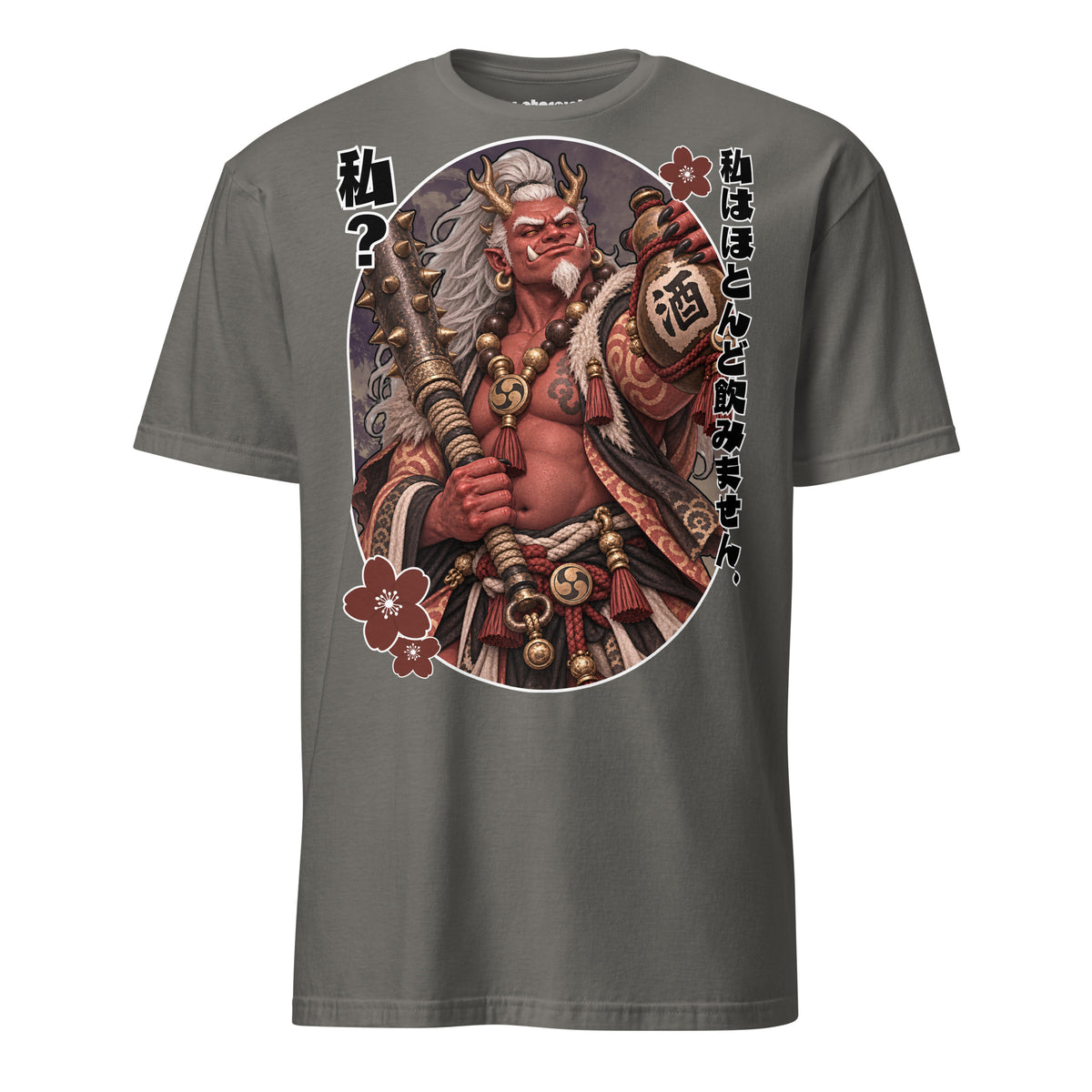 Winterpink Shuten-dōji T-Shirt mit rotem japanischem Oni, Hörnern, großer Keule, Sake-Flasche mit 酒-Schriftzeichen und japanischem Text.