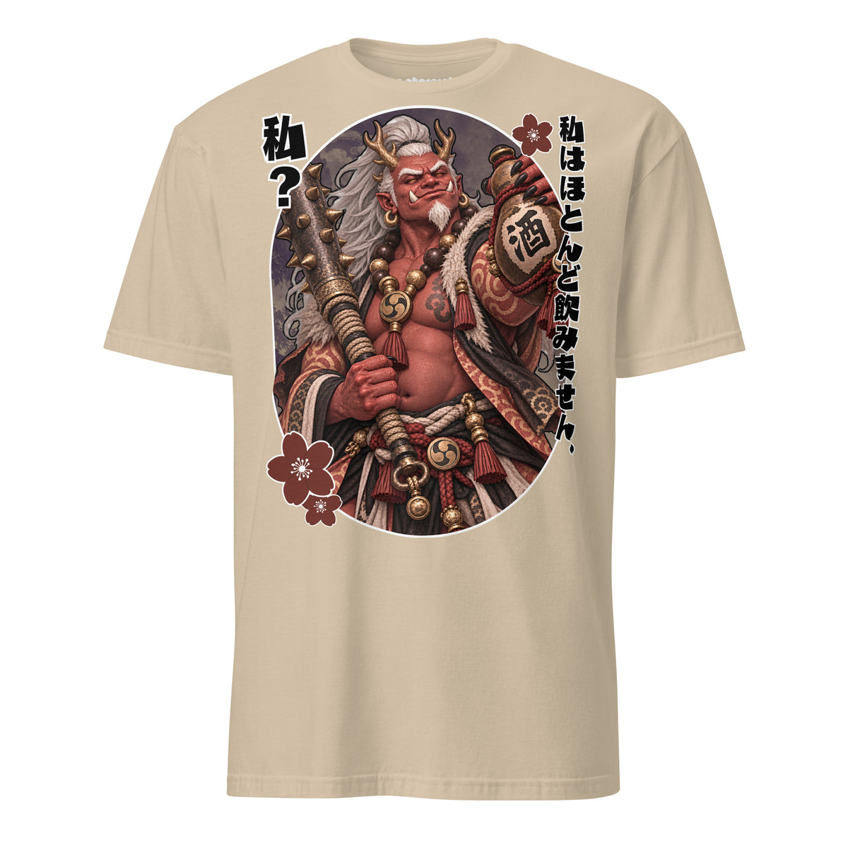 Winterpink Shuten-dōji T-Shirt mit rotem japanischem Oni, Hörnern, großer Keule, Sake-Flasche mit 酒-Schriftzeichen und japanischem Text.