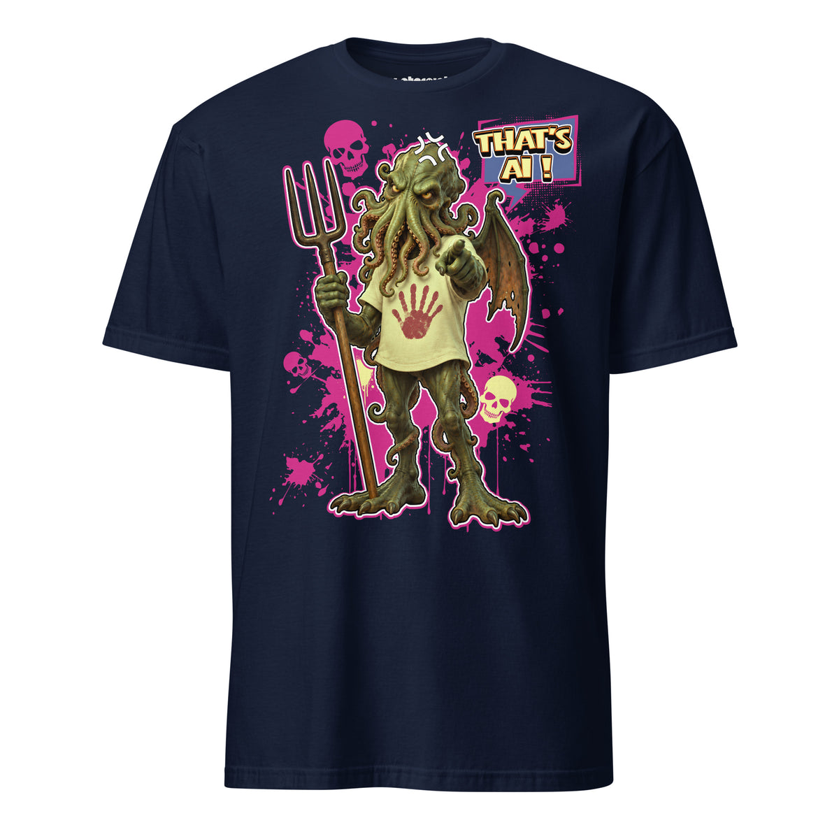 Winterpink T-Shirt mit dem Schriftzug „THAT’S AI!“ als ironischer Kommentar zu KI, digitaler Bildkultur und öffentlichen AI-Debatten.