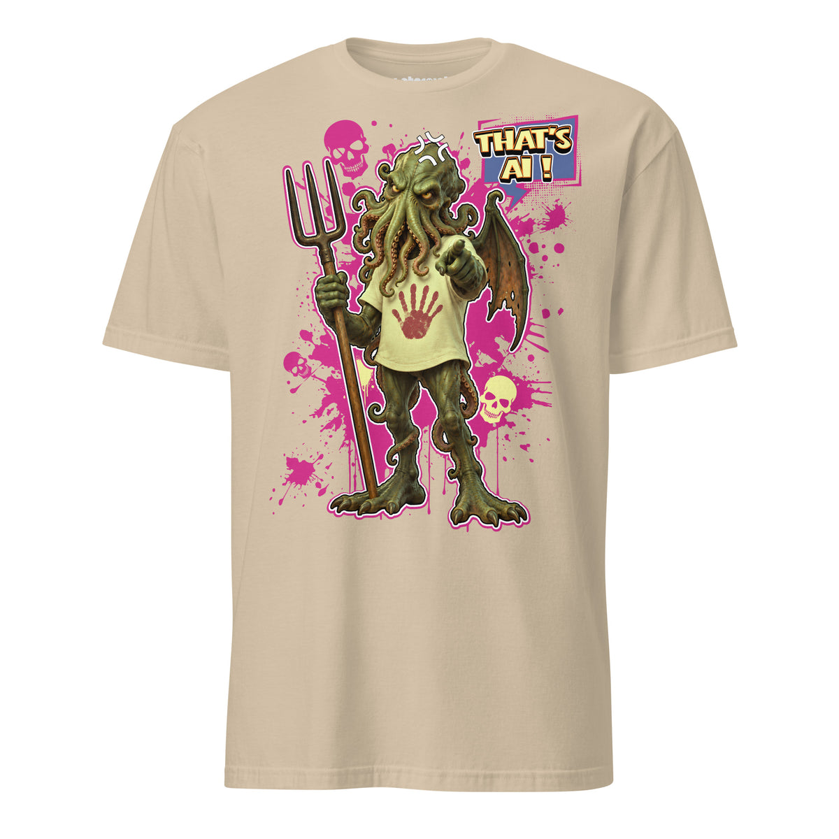 Winterpink T-Shirt mit dem Schriftzug „THAT’S AI!“ als ironischer Kommentar zu KI, digitaler Bildkultur und öffentlichen AI-Debatten.