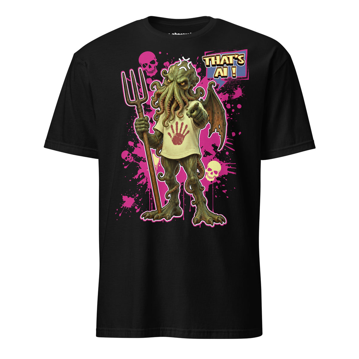 Winterpink T-Shirt mit dem Schriftzug „THAT’S AI!“ als ironischer Kommentar zu KI, digitaler Bildkultur und öffentlichen AI-Debatten.