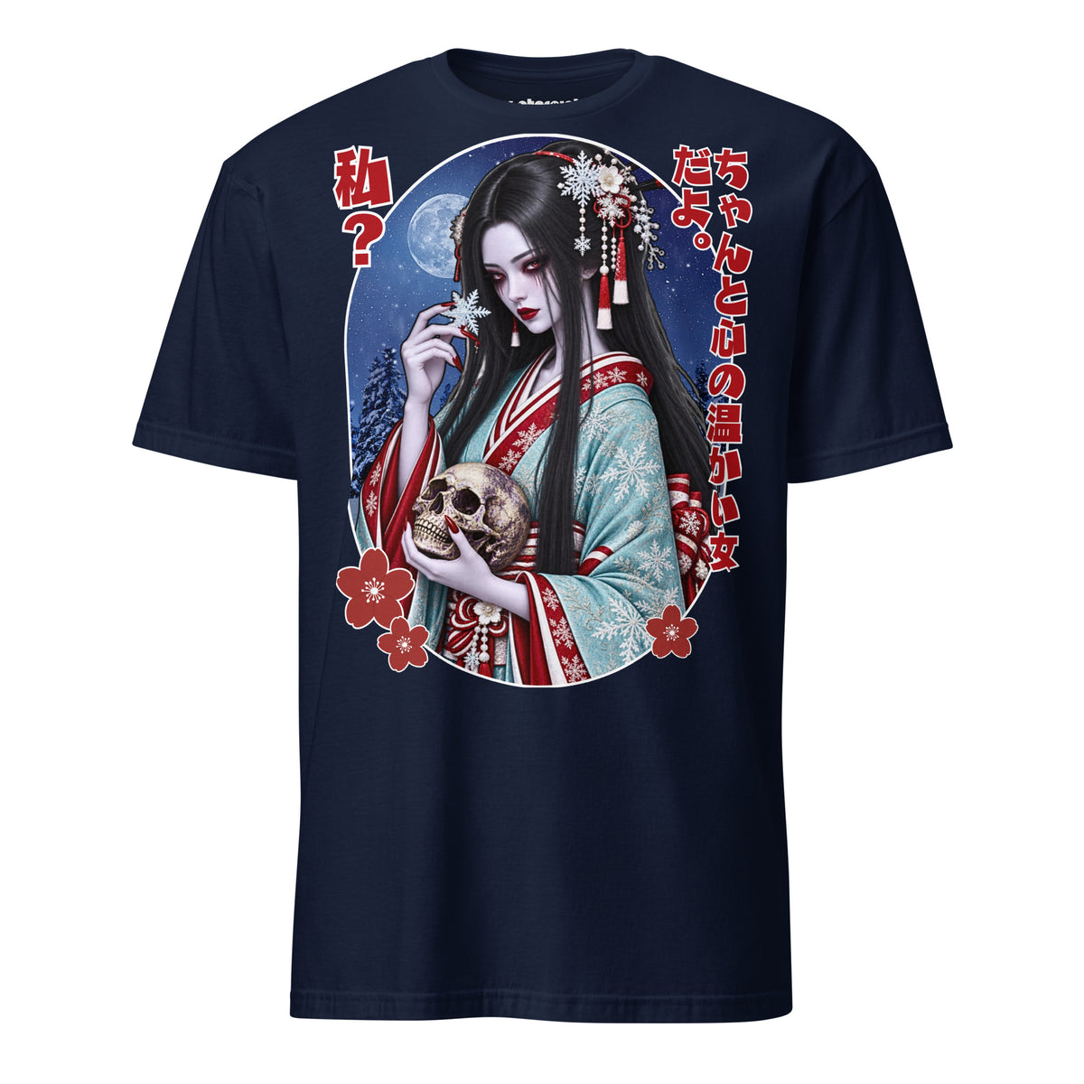 Winterpink Yuki-onna T-Shirt mit blasser japanischer Schneefrau im hellblauen Kimono, schwarzem Haar, Totenschädel, Schneeflocken und japanischem Text.