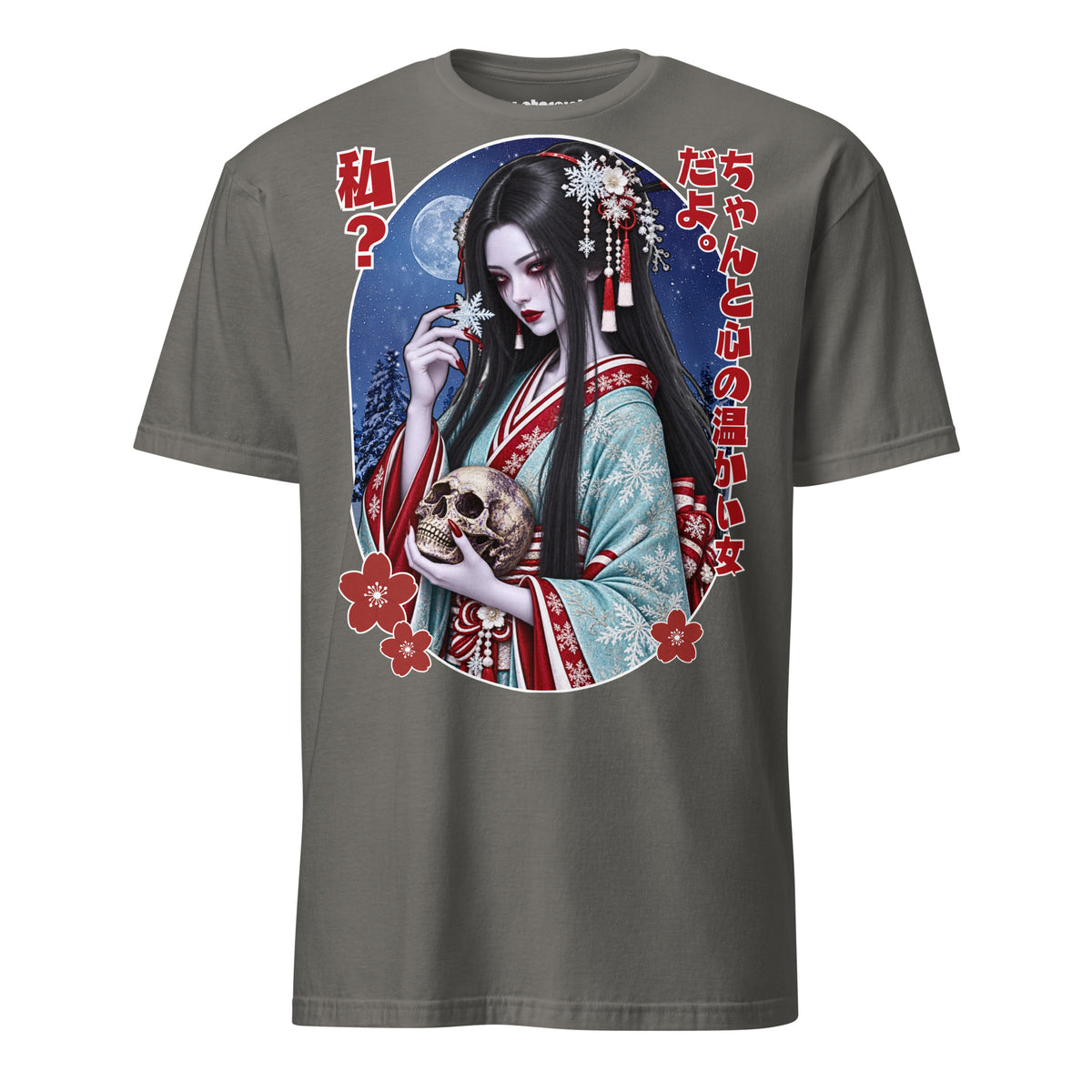 Winterpink Yuki-onna T-Shirt mit blasser japanischer Schneefrau im hellblauen Kimono, schwarzem Haar, Totenschädel, Schneeflocken und japanischem Text.