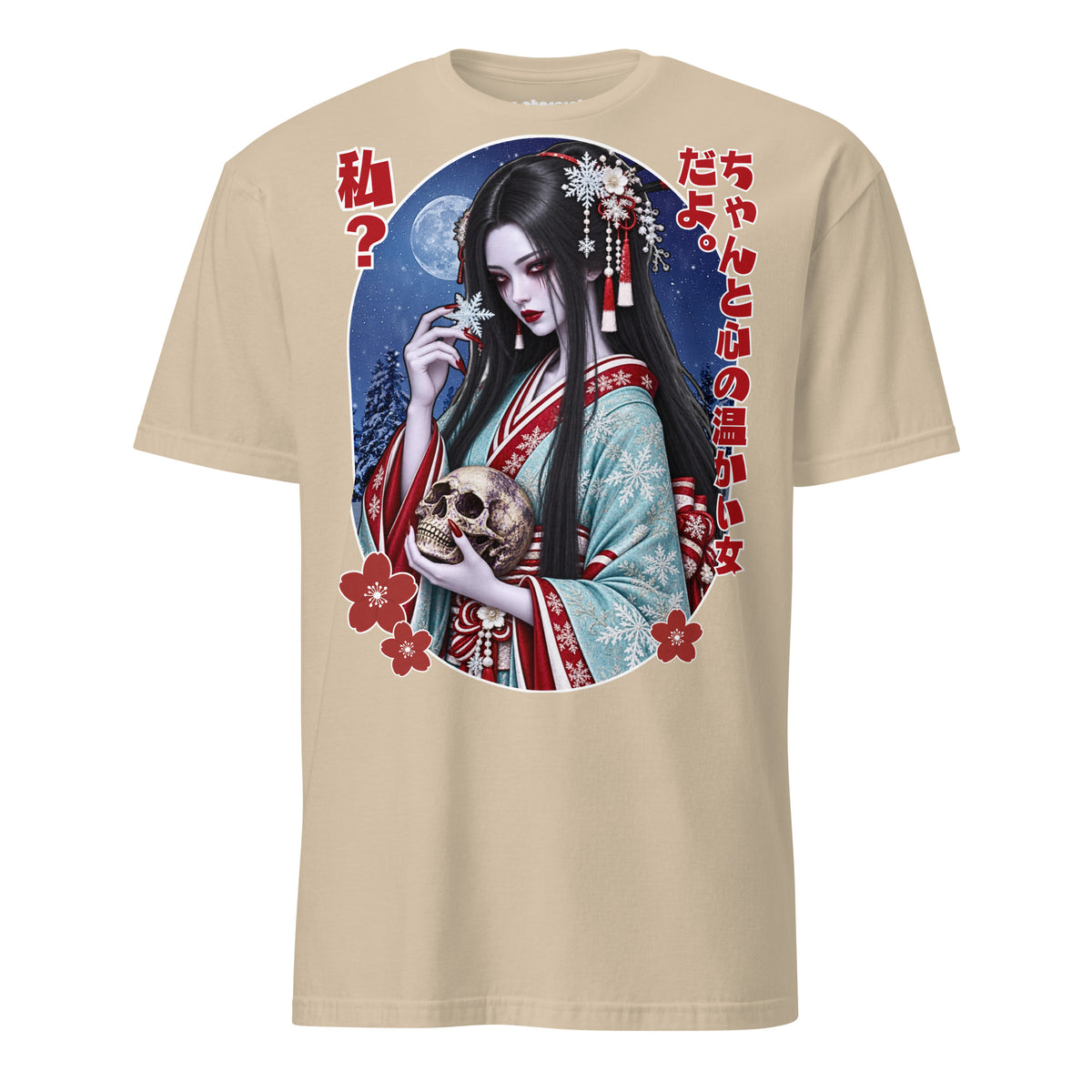Winterpink Yuki-onna T-Shirt mit blasser japanischer Schneefrau im hellblauen Kimono, schwarzem Haar, Totenschädel, Schneeflocken und japanischem Text.